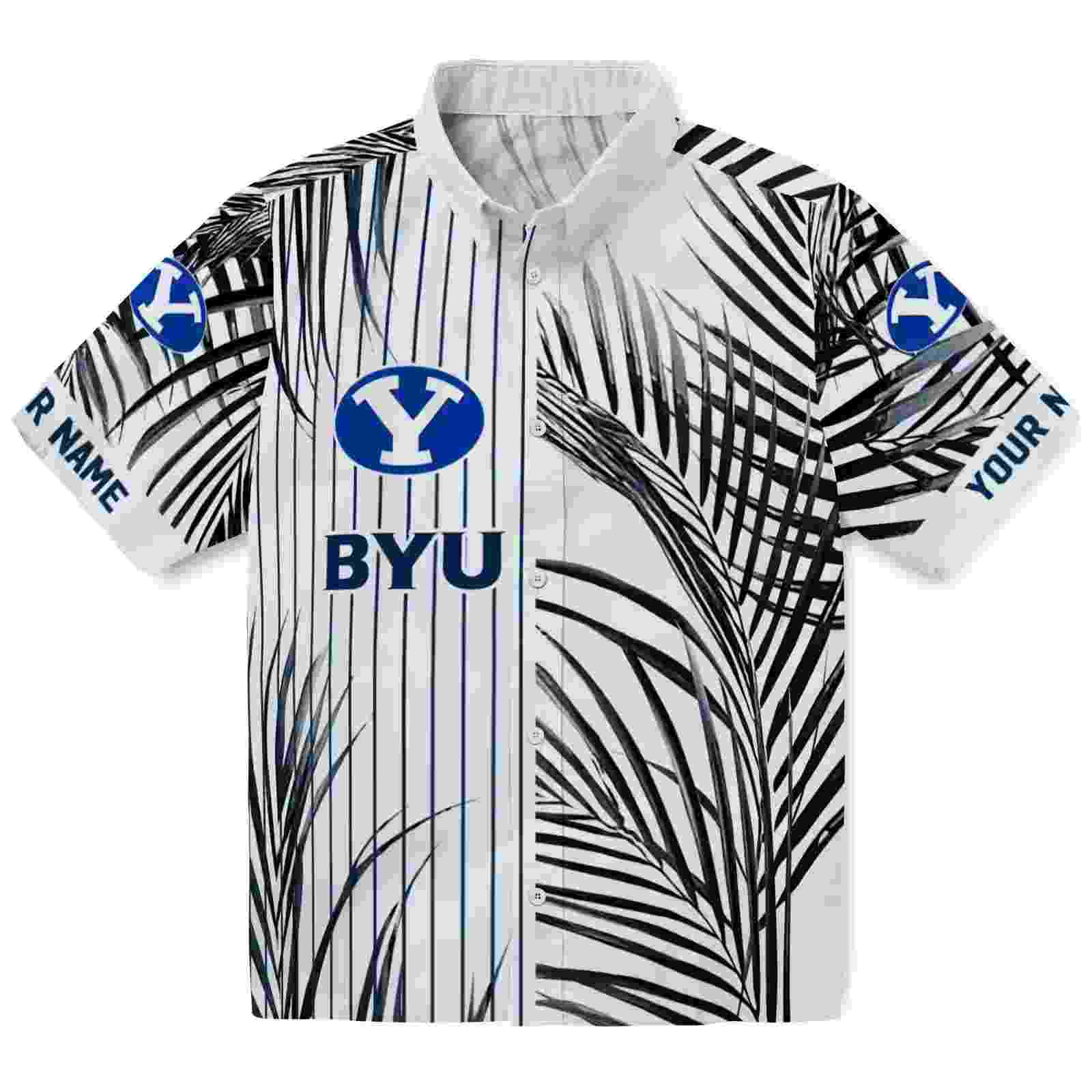 BYU Cougars Palm Stripes Blue Black White Hawaiian Shirt