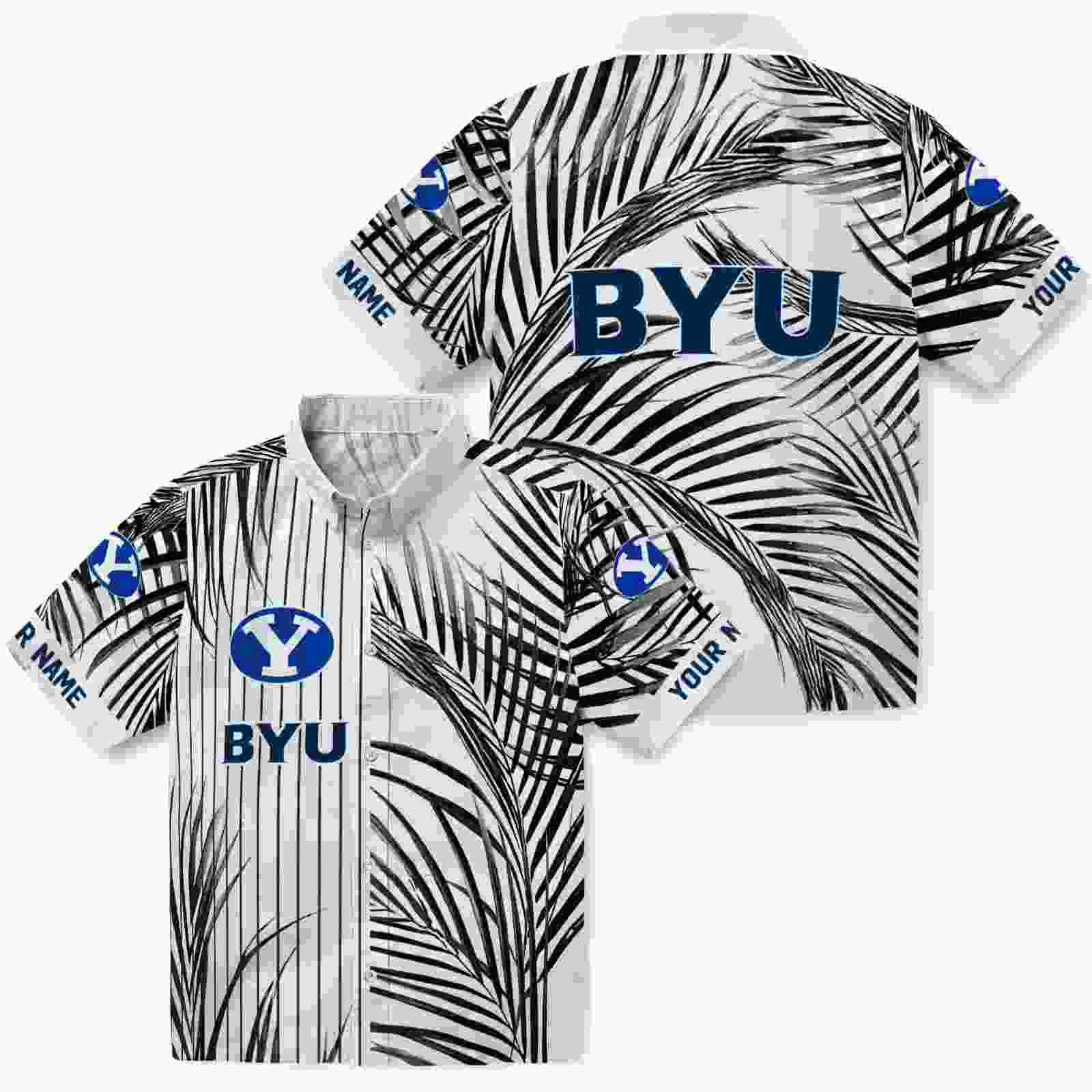 byu cougars palm stripes blue black white hawaiian shirt high quality