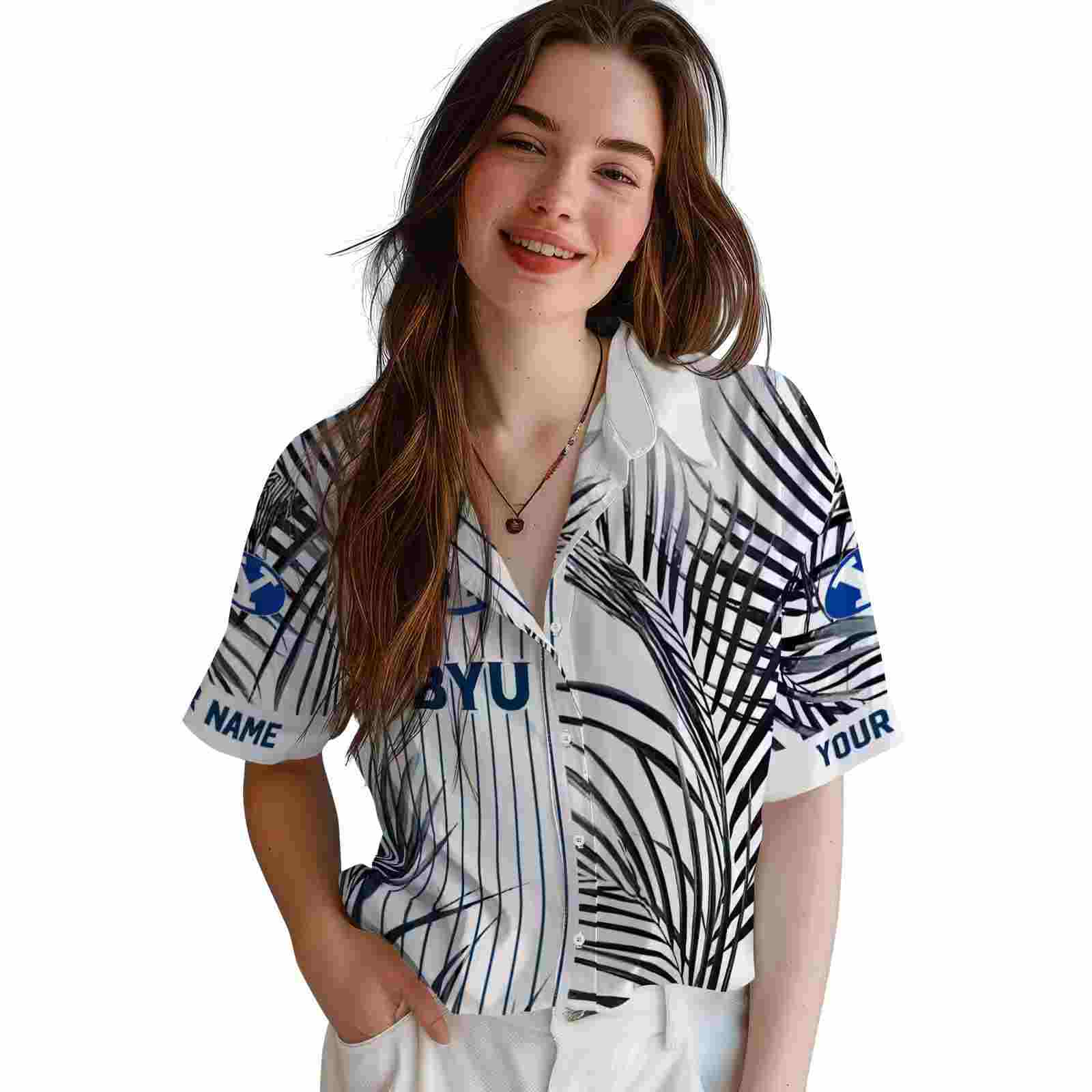 byu cougars palm stripes blue black white hawaiian shirt latest model