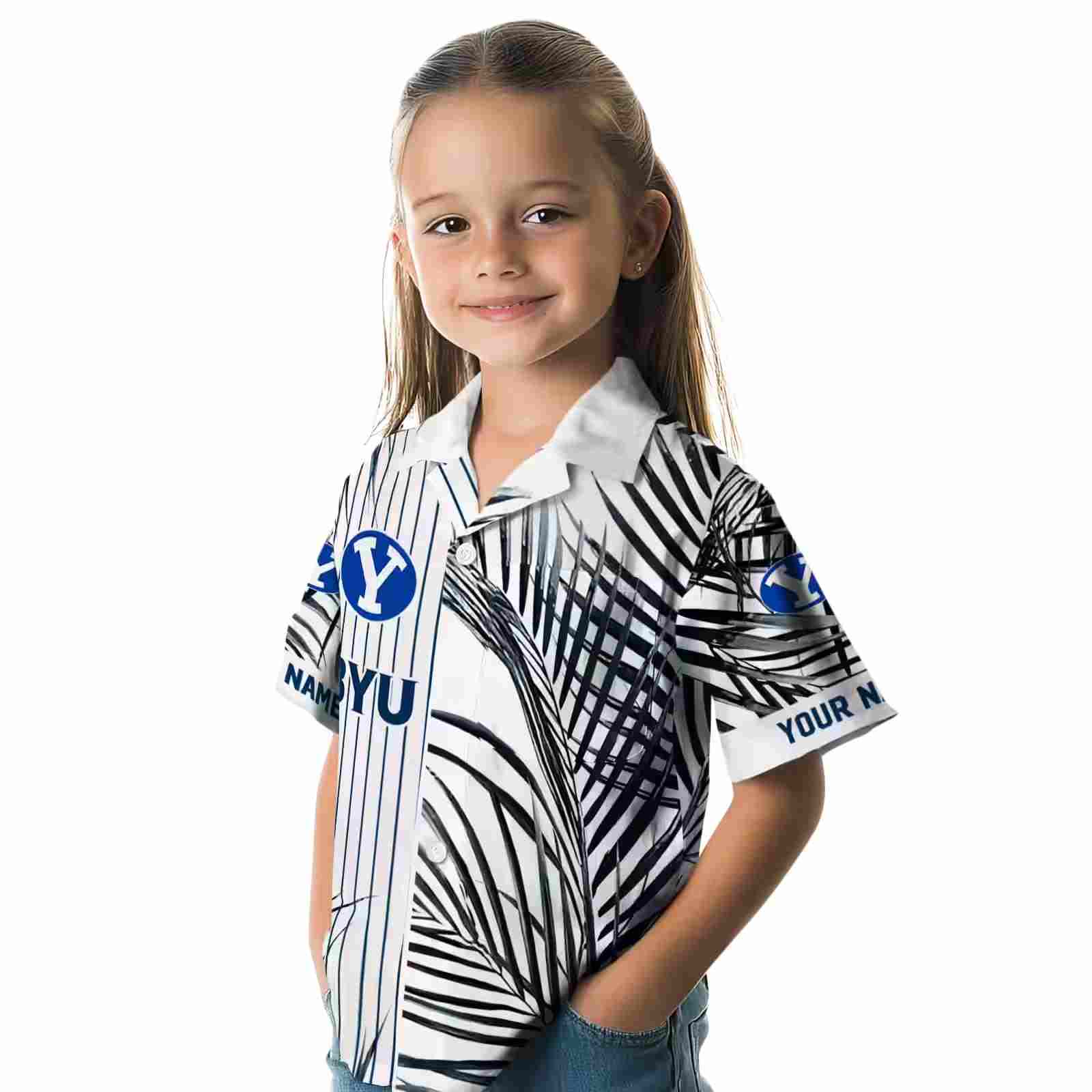 byu cougars palm stripes blue black white hawaiian shirt premium grade