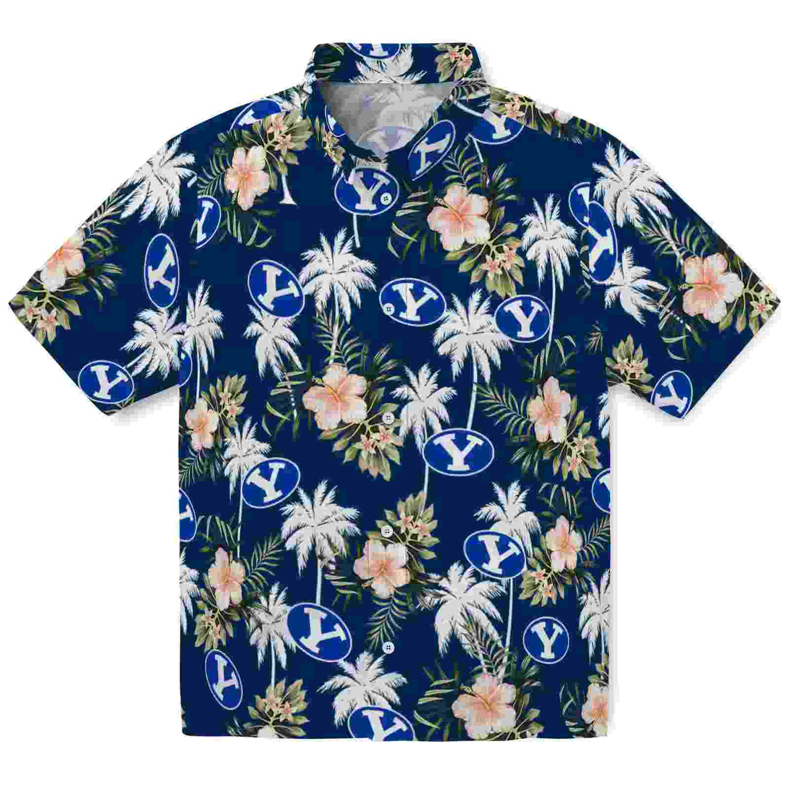 BYU Cougars Palm Tree Flower Blue Hawaiian Shirt