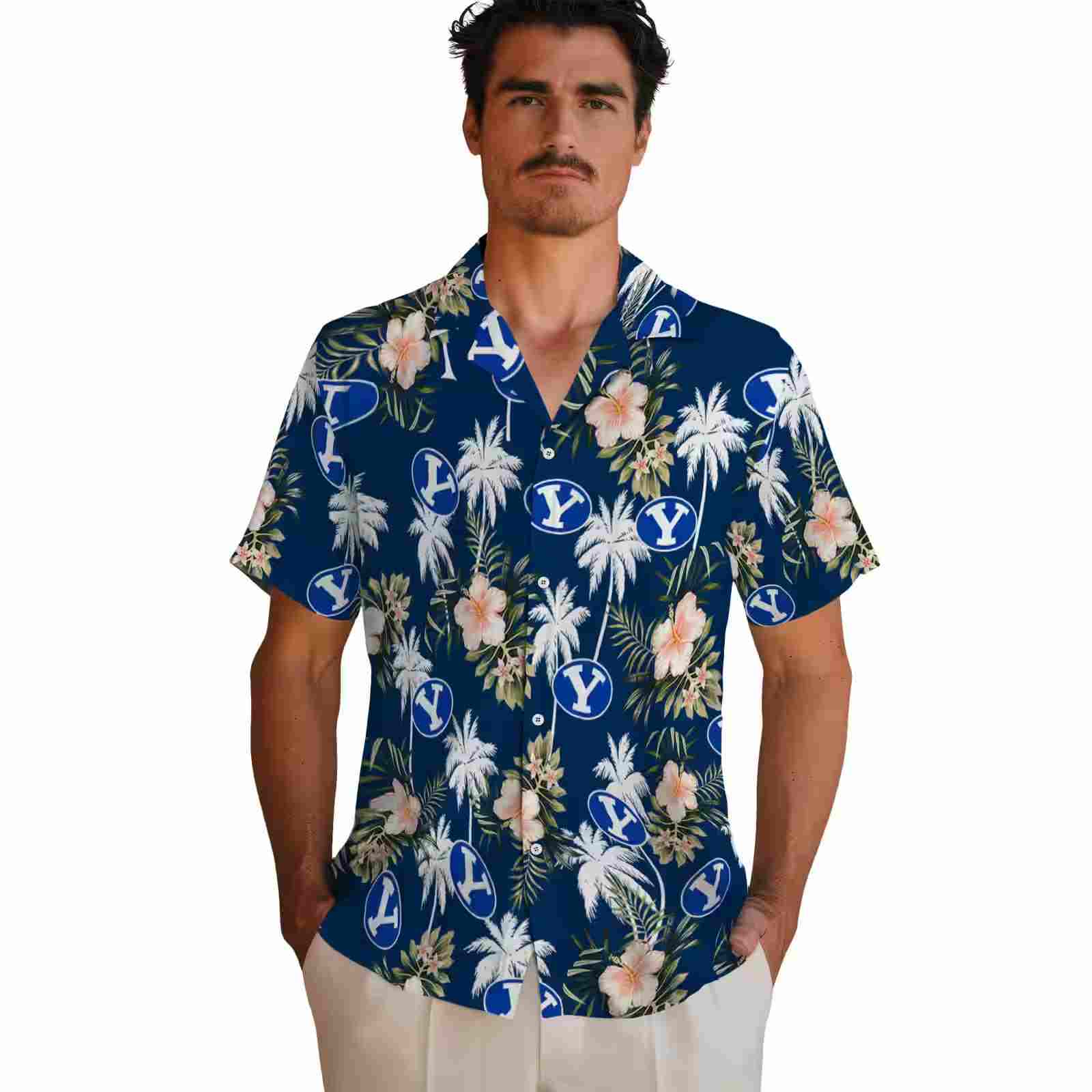 byu cougars palm tree flower blue hawaiian shirt fashion forward