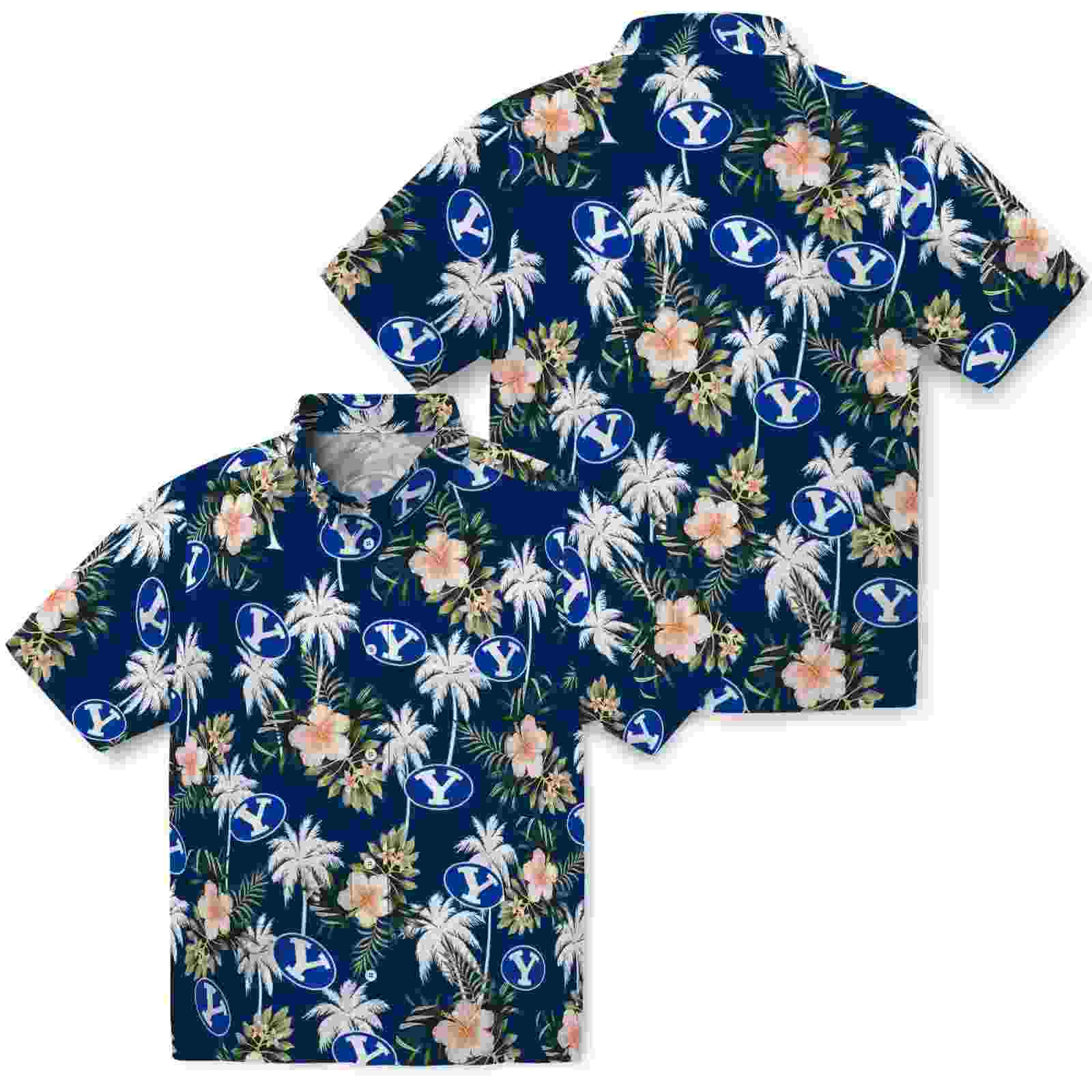 byu cougars palm tree flower blue hawaiian shirt high quality