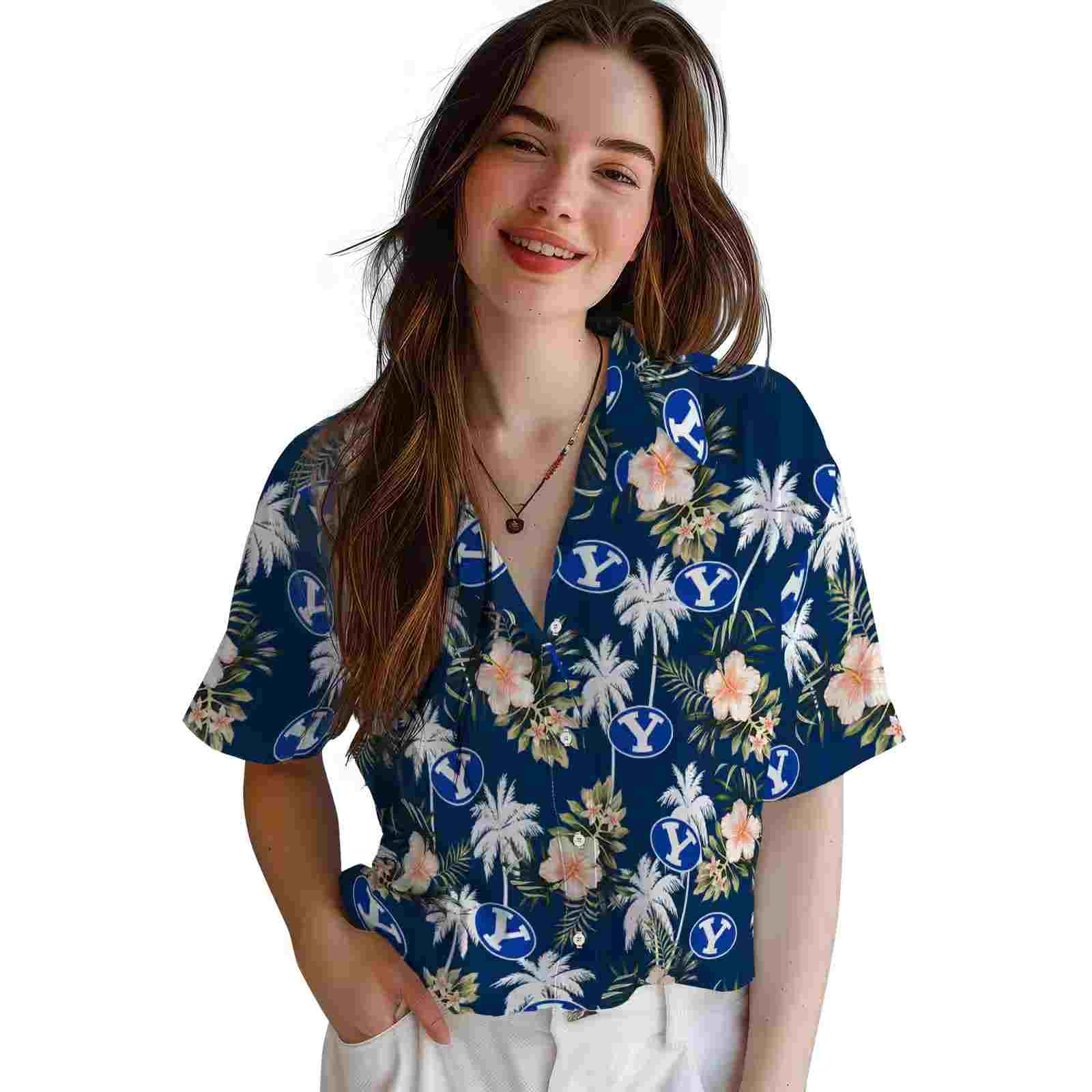 byu cougars palm tree flower blue hawaiian shirt latest model