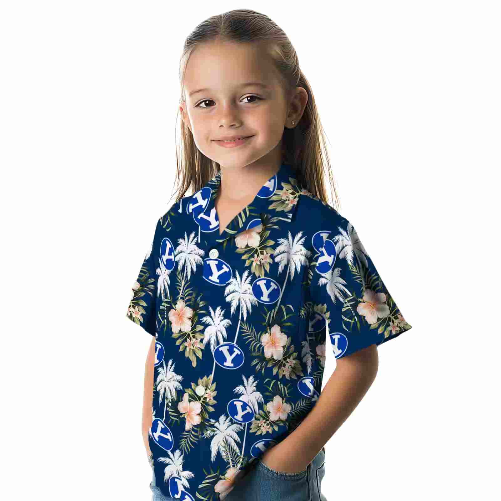 byu cougars palm tree flower blue hawaiian shirt premium grade