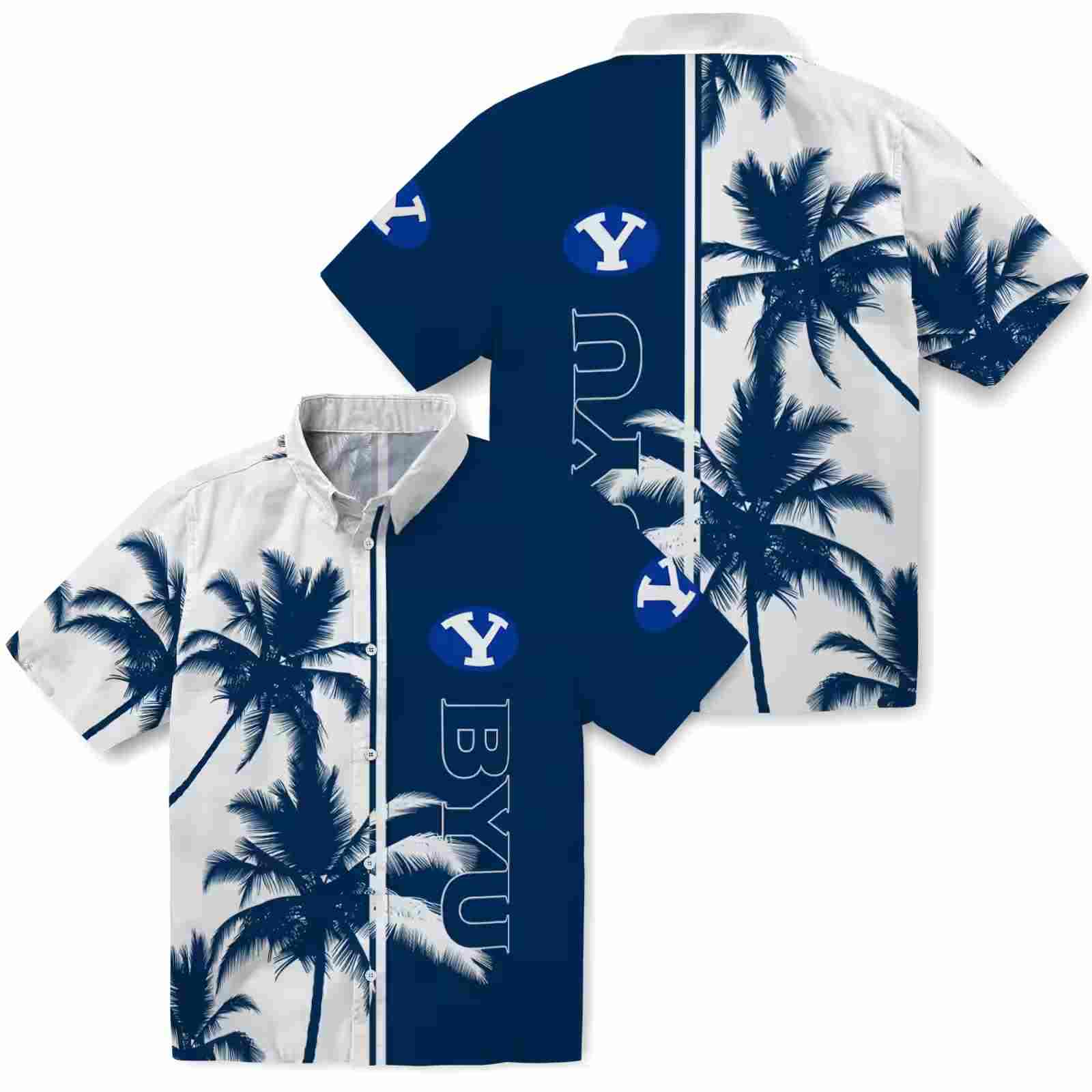 byu cougars palm trees blue white hawaiian shirt high quality