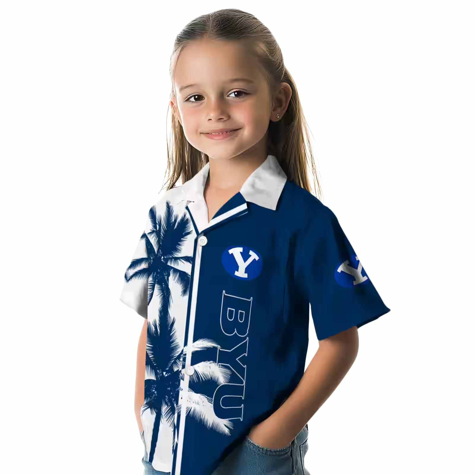 byu cougars palm trees blue white hawaiian shirt premium grade