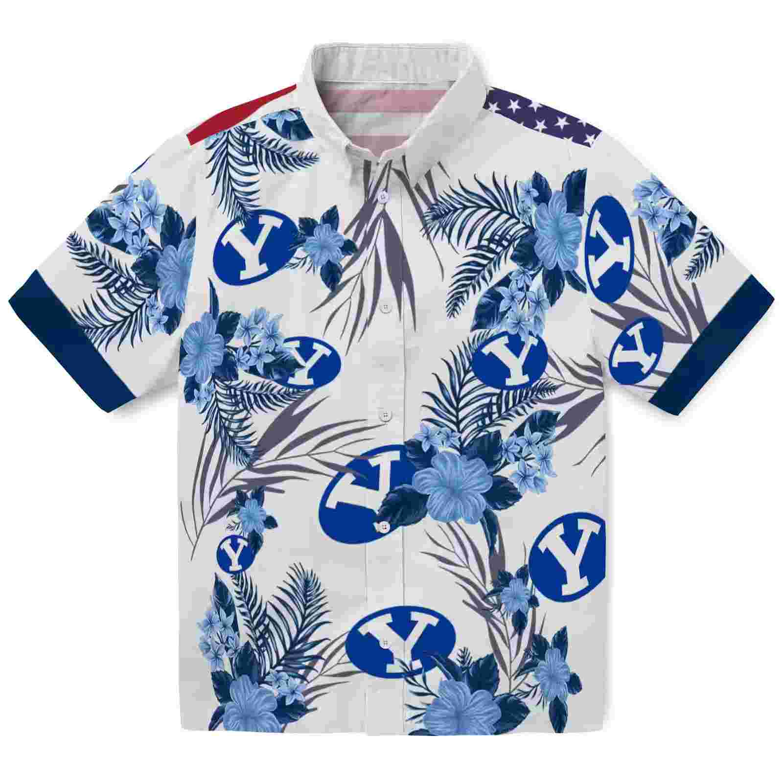 BYU Cougars Patriotic Hibiscus Design Blue White Hawaiian Shirt