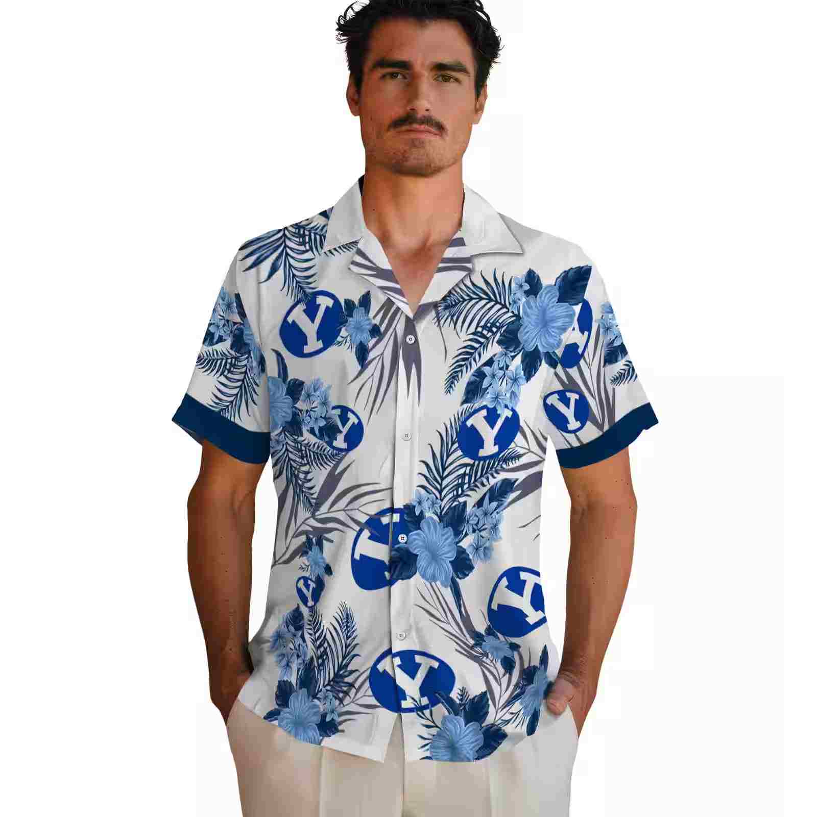 byu cougars patriotic hibiscus design blue white hawaiian shirt fashion forward