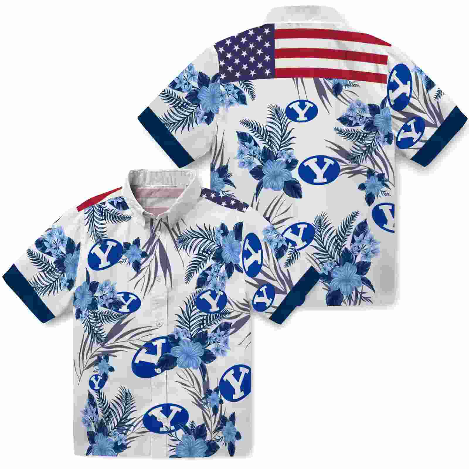 byu cougars patriotic hibiscus design blue white hawaiian shirt high quality