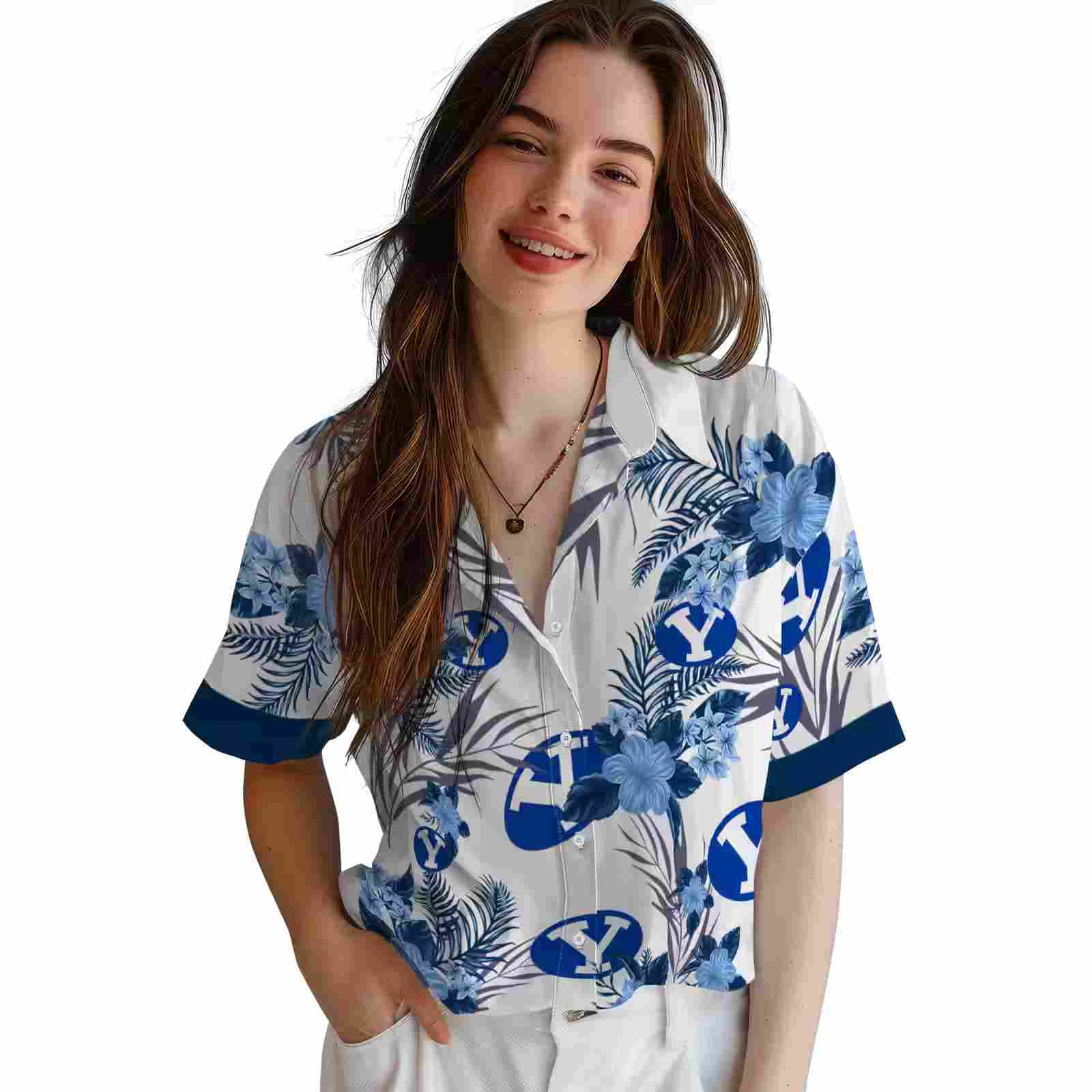 byu cougars patriotic hibiscus design blue white hawaiian shirt latest model