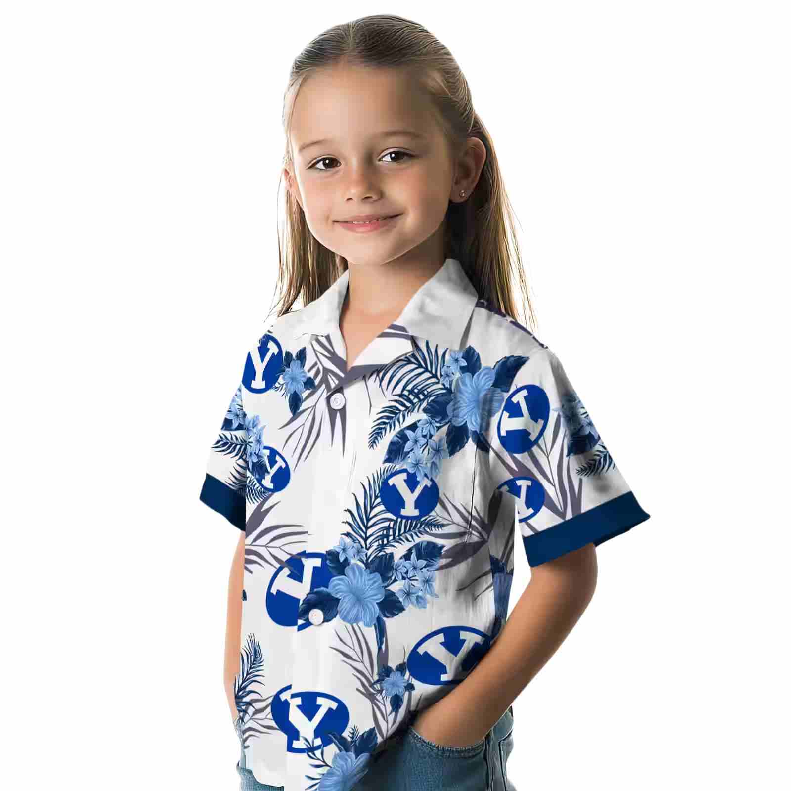 byu cougars patriotic hibiscus design blue white hawaiian shirt premium grade