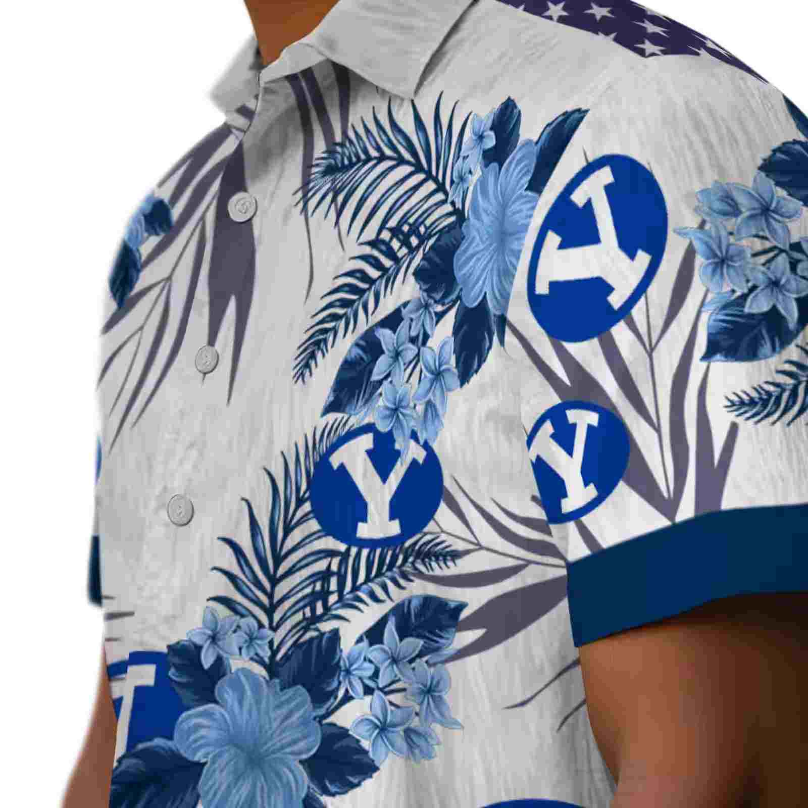 byu cougars patriotic hibiscus design blue white hawaiian shirt trendy