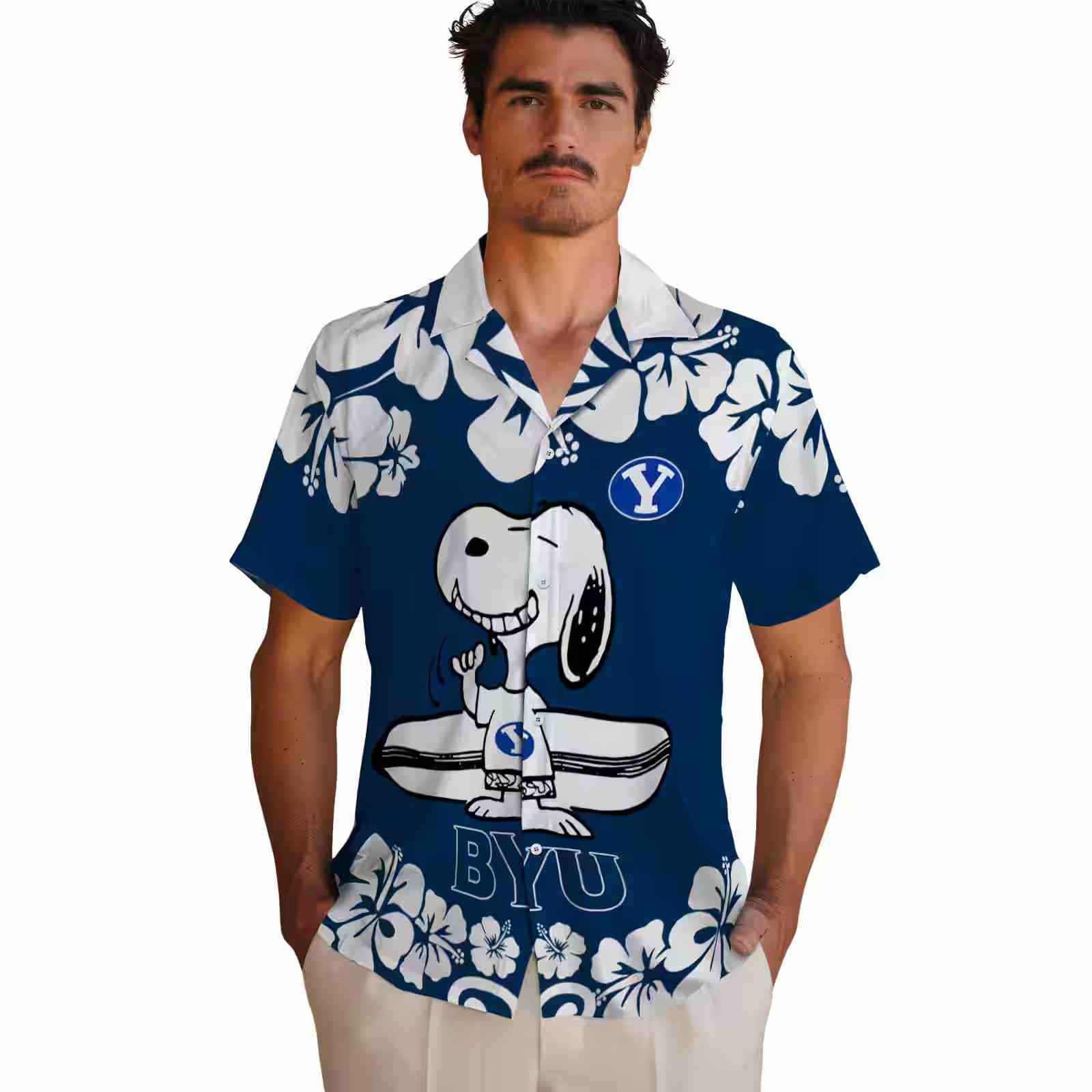 byu cougars snoopy surf blue white hawaiian shirt fashion forward