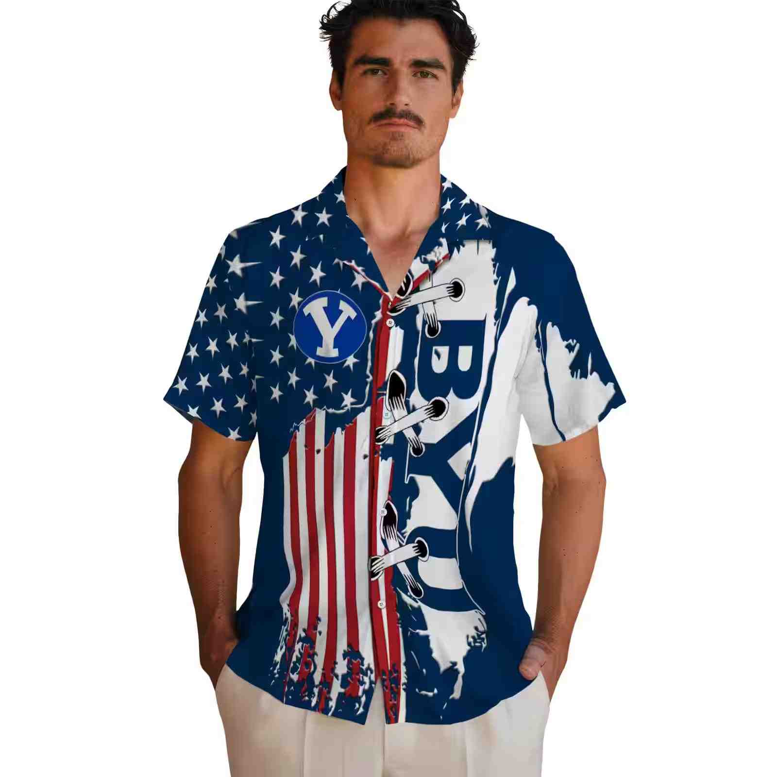 byu cougars stitched flag blue hawaiian shirt fashion forward