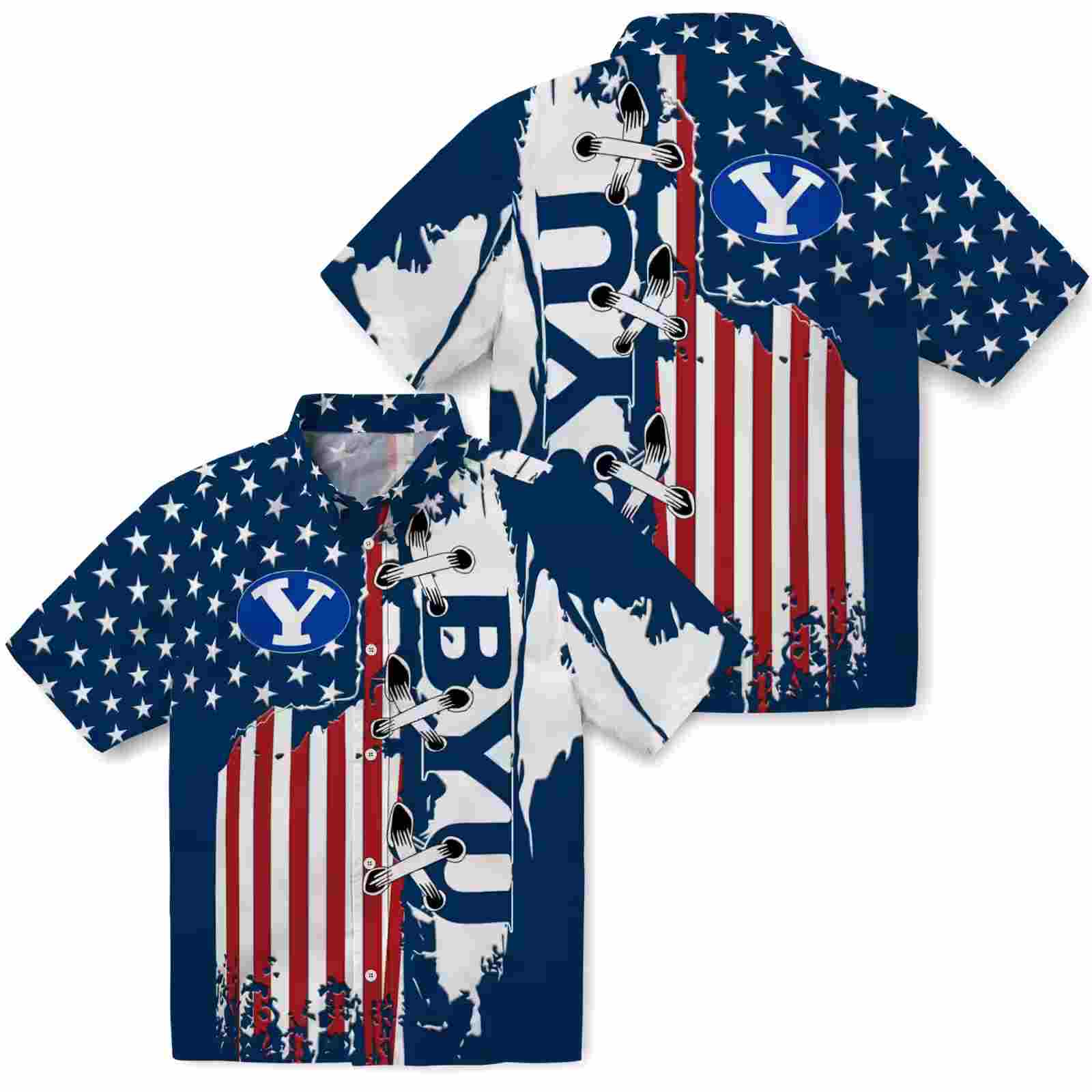 byu cougars stitched flag blue hawaiian shirt high quality