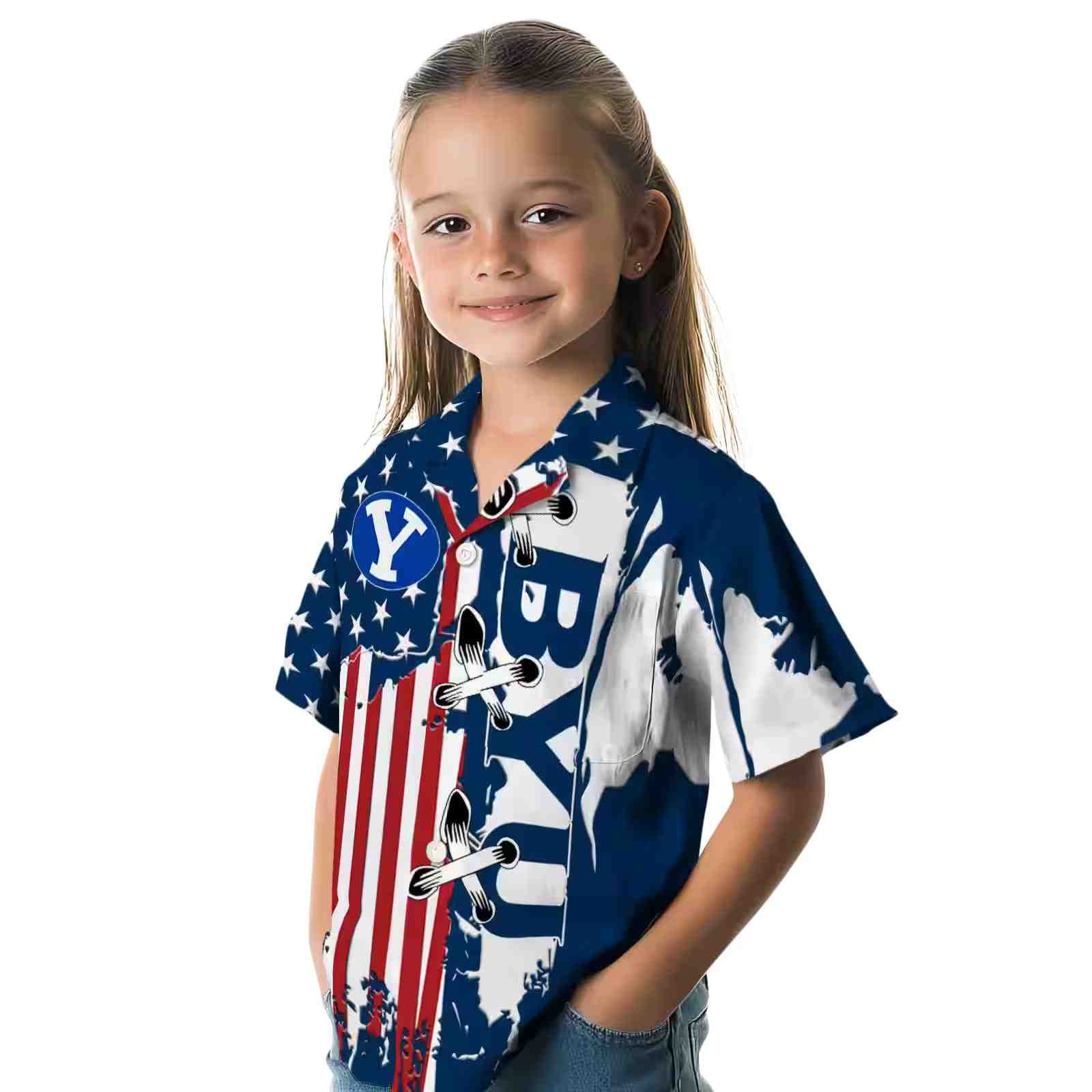 byu cougars stitched flag blue hawaiian shirt premium grade