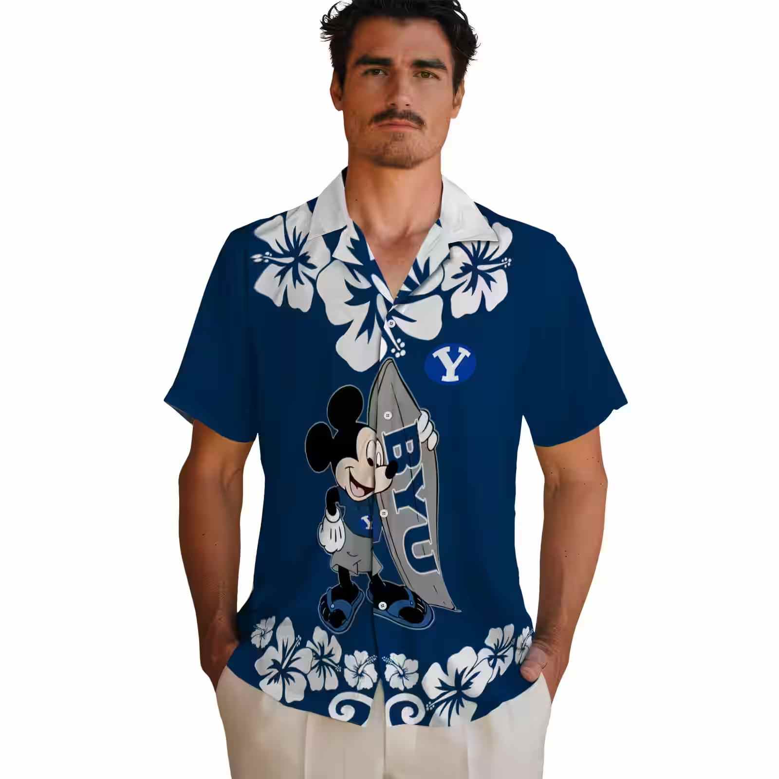 byu cougars surfing mickey blue hawaiian shirt fashion forward