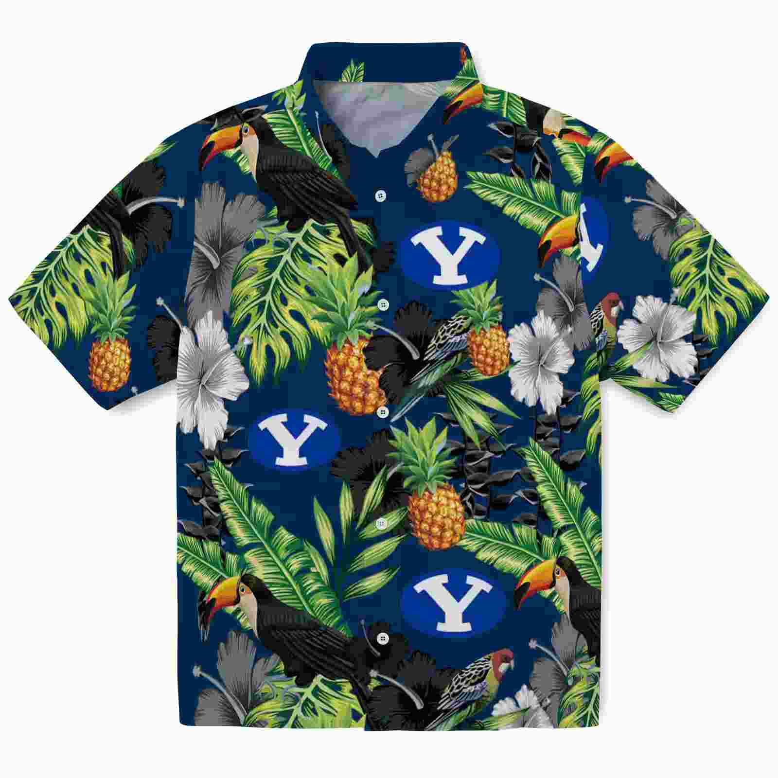 BYU Cougars Toucan Hibiscus Pineapple Blue Green Hawaiian Shirt