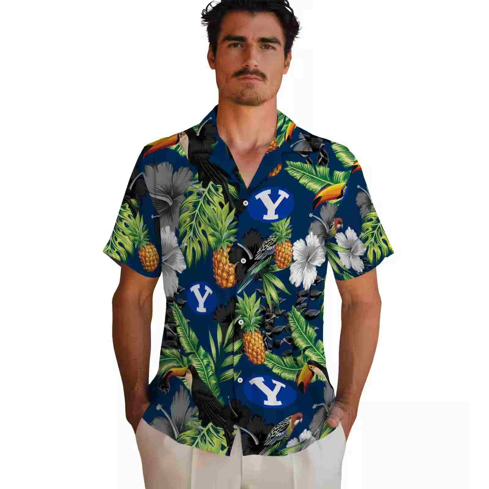 byu cougars toucan hibiscus pineapple blue green hawaiian shirt fashion forward