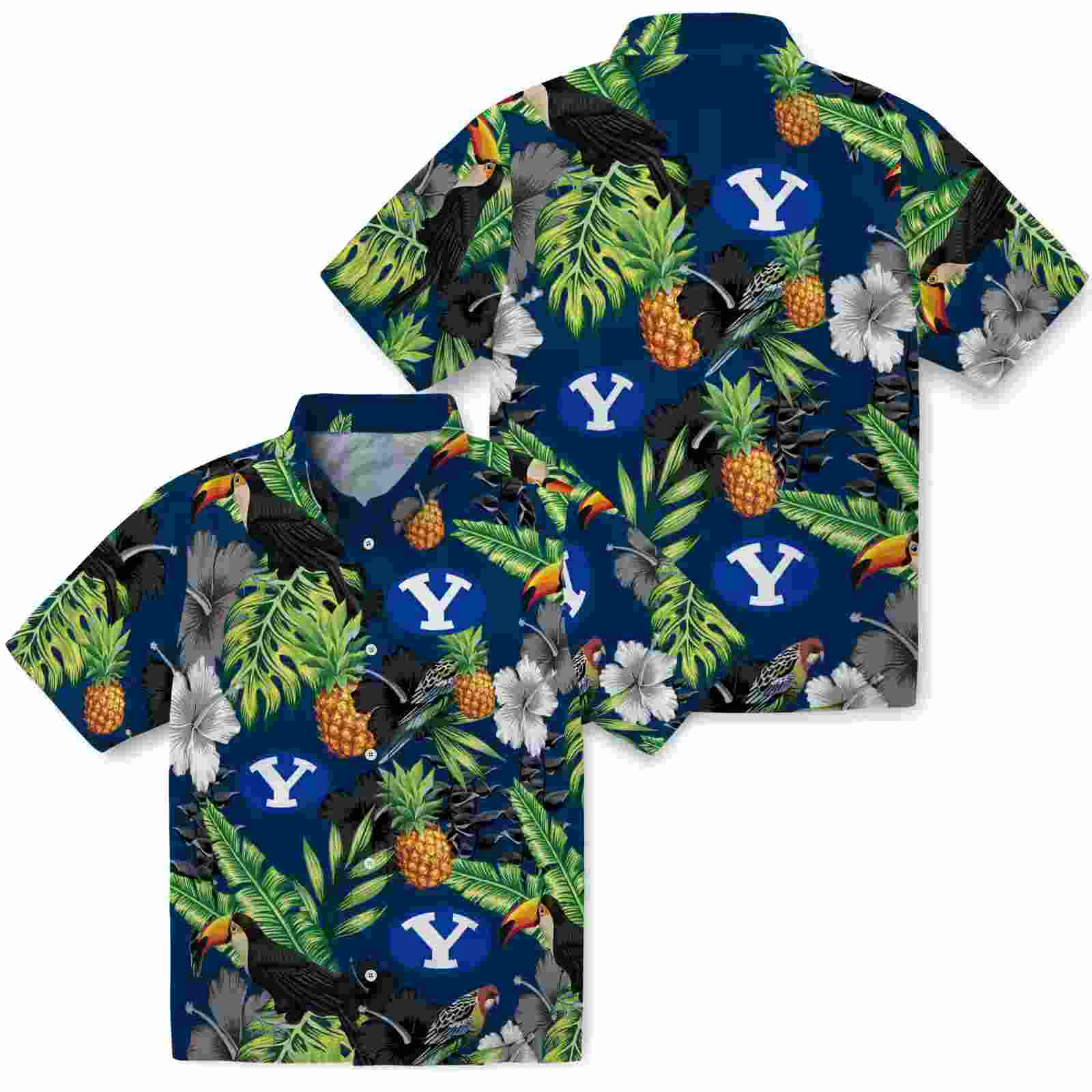 byu cougars toucan hibiscus pineapple blue green hawaiian shirt high quality