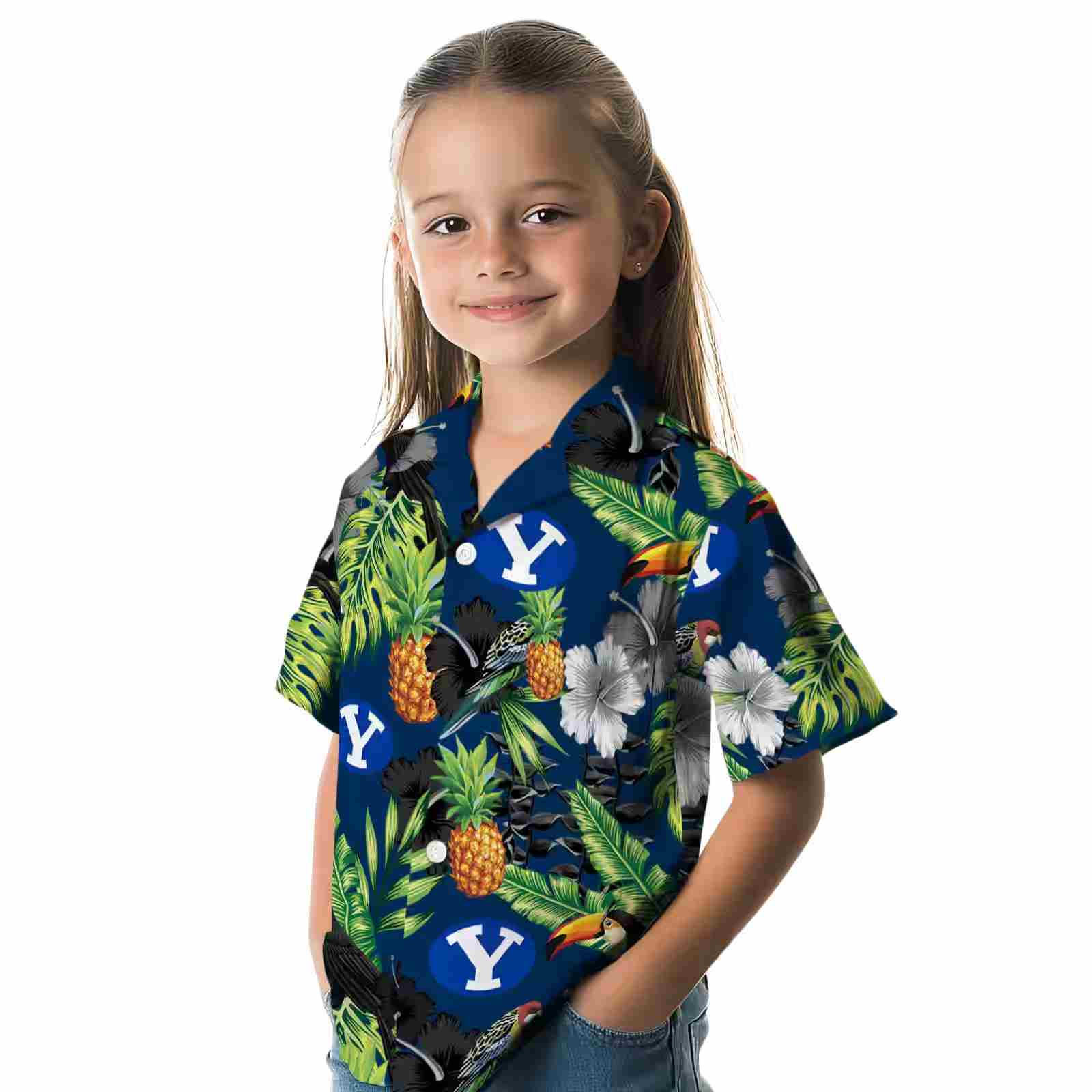 byu cougars toucan hibiscus pineapple blue green hawaiian shirt premium grade