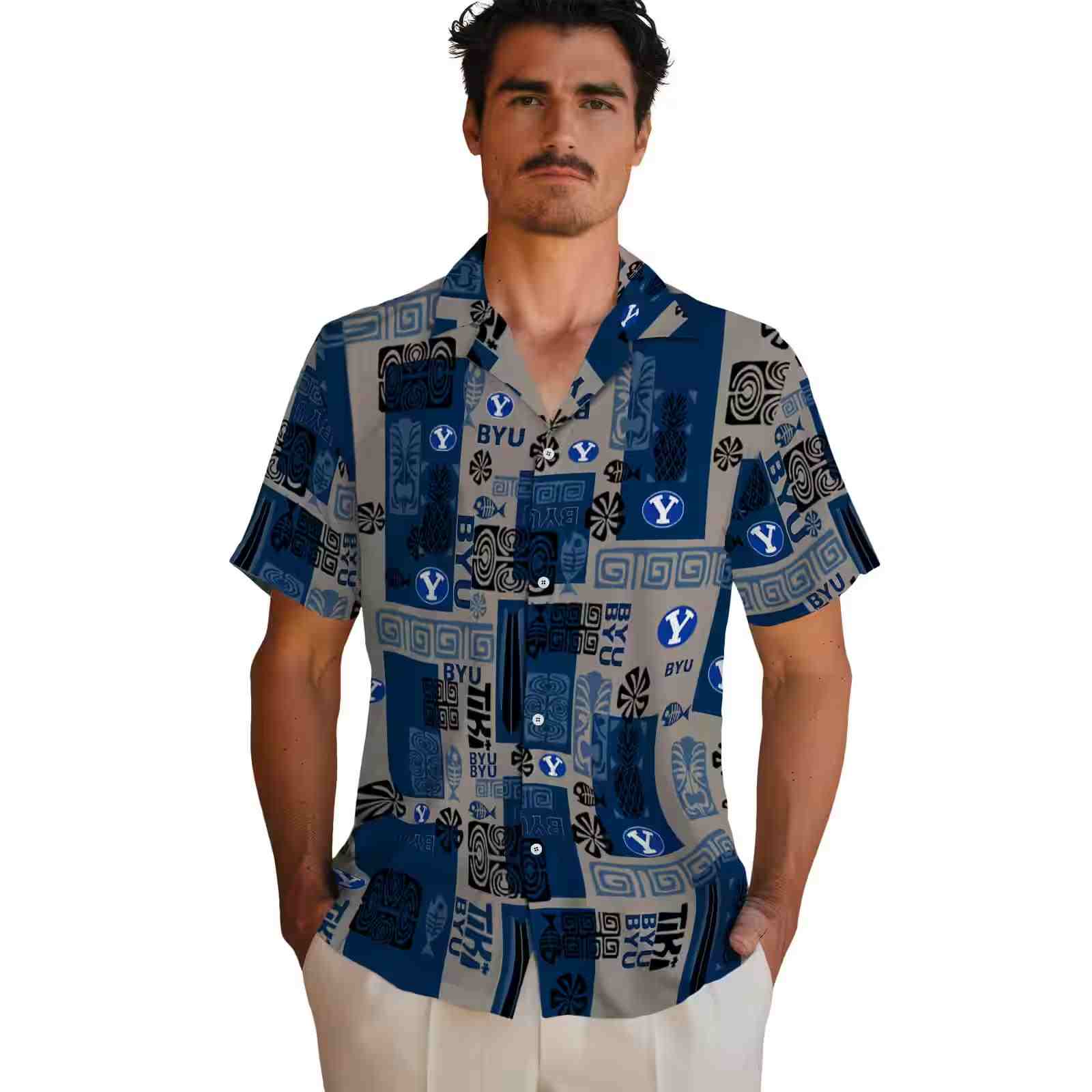 byu cougars tribal symbols blue hawaiian shirt fashion forward