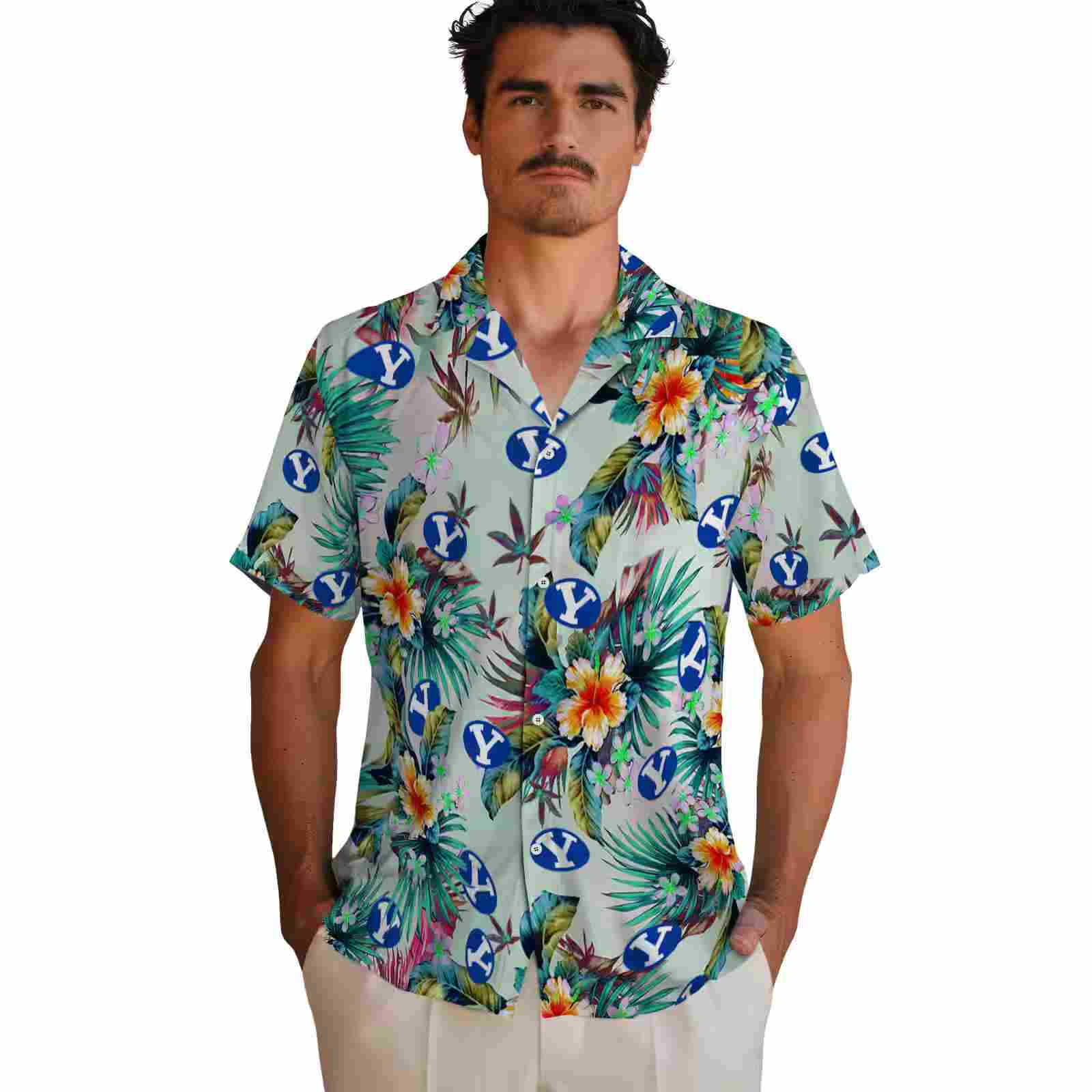 byu cougars tropical foliage green hawaiian shirt fashion forward