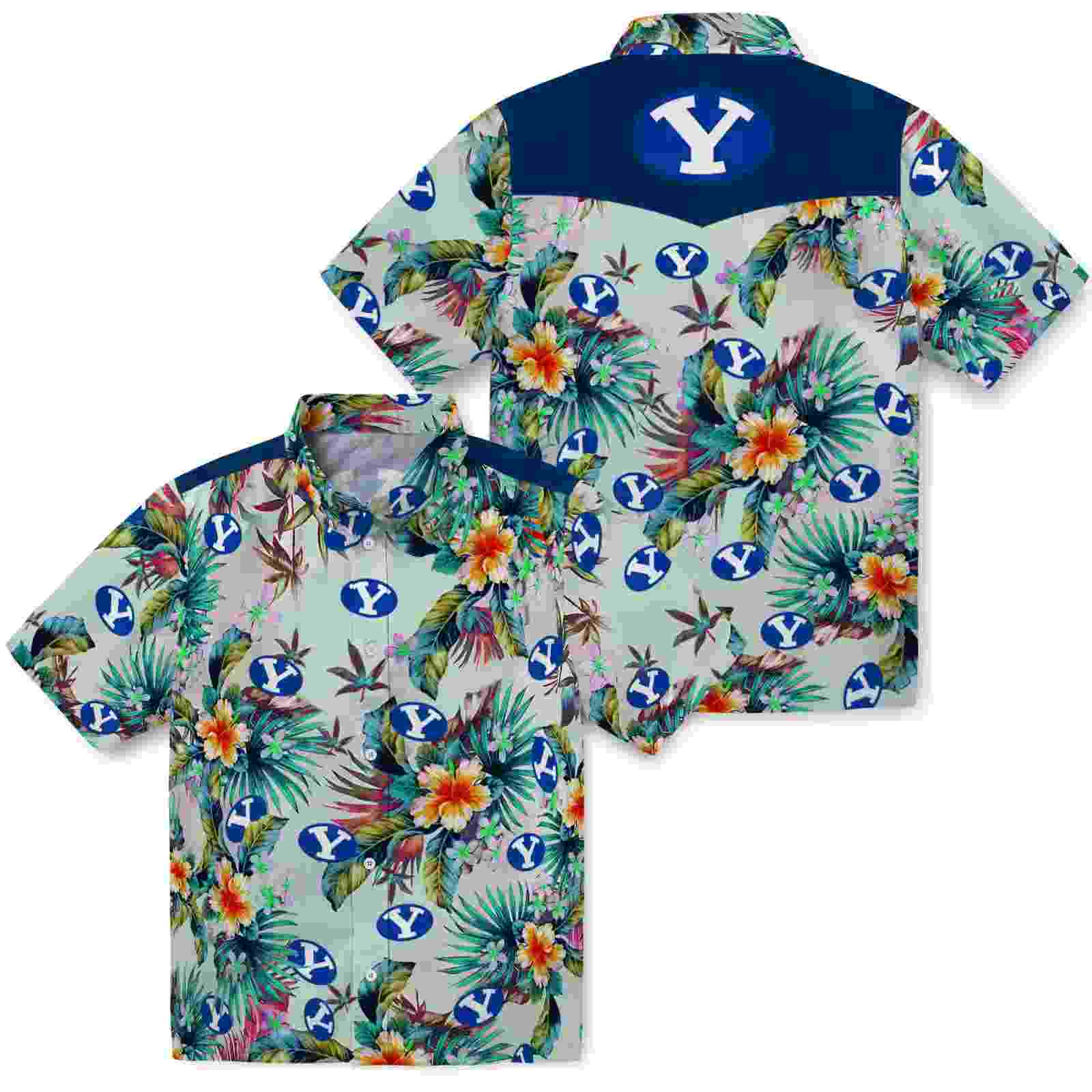 byu cougars tropical foliage green hawaiian shirt high quality