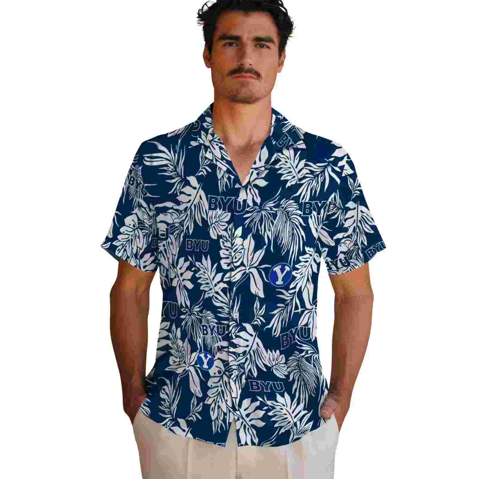 byu cougars tropical leaf blue white hawaiian shirt fashion forward