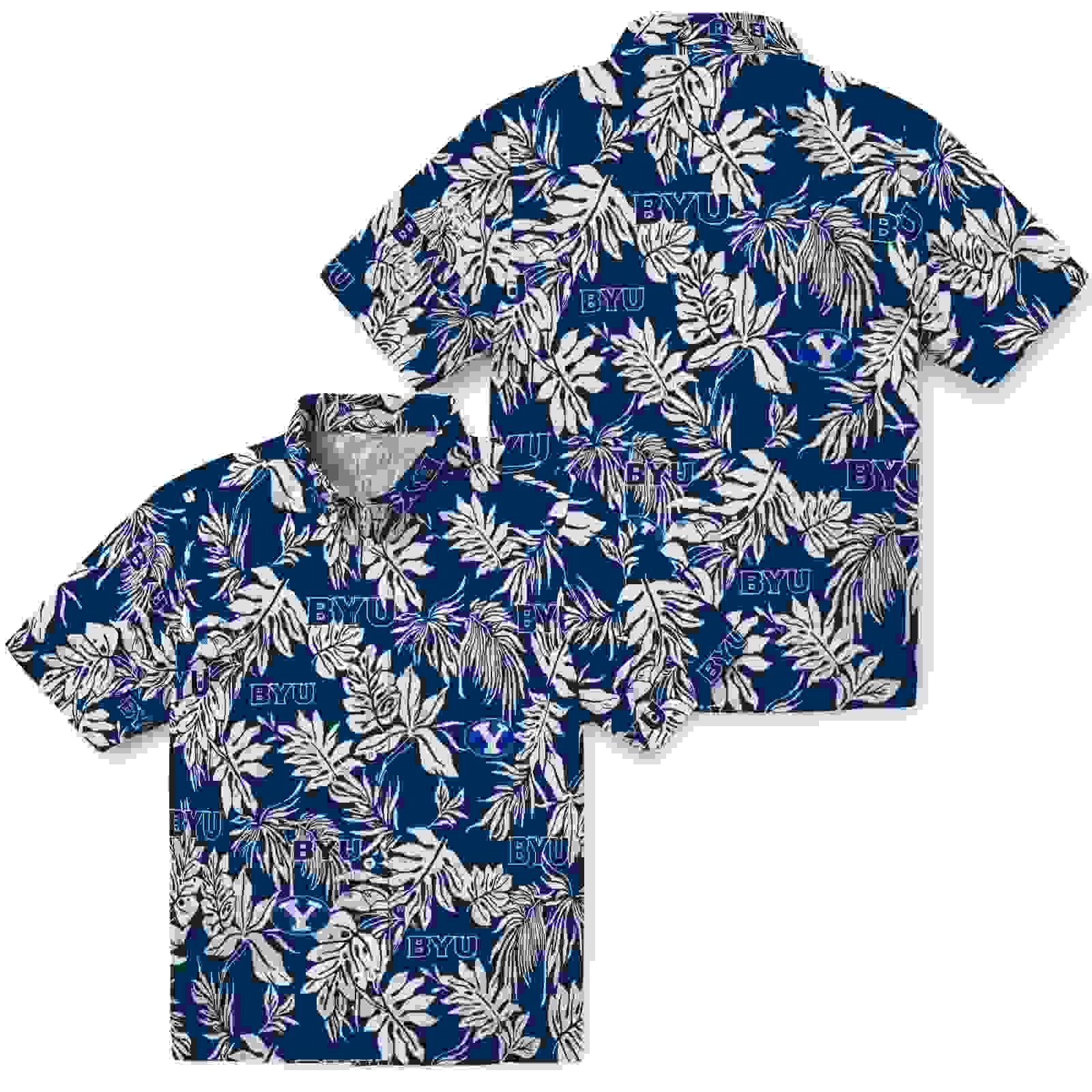 byu cougars tropical leaf blue white hawaiian shirt high quality