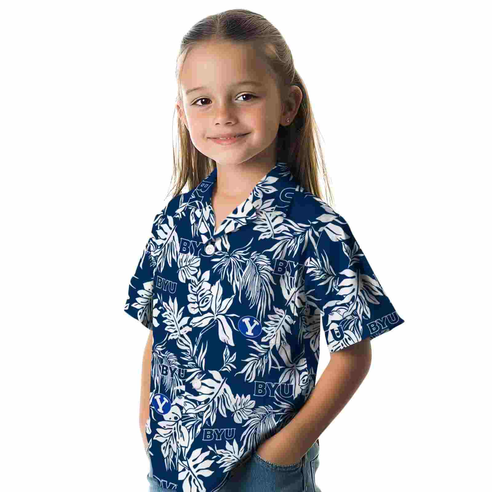 byu cougars tropical leaf blue white hawaiian shirt premium grade