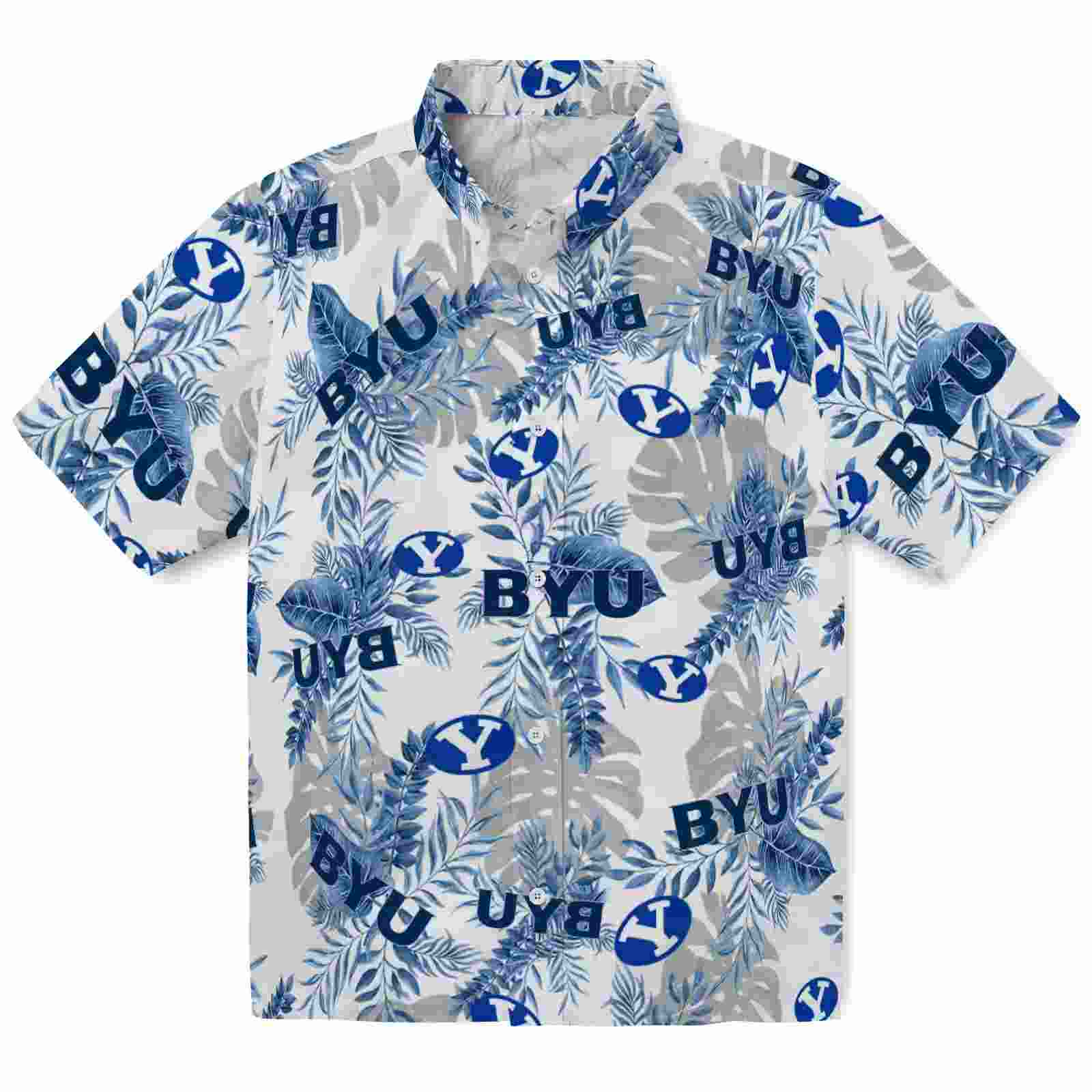 BYU Cougars Tropical Leaves Blue White Hawaiian Shirt