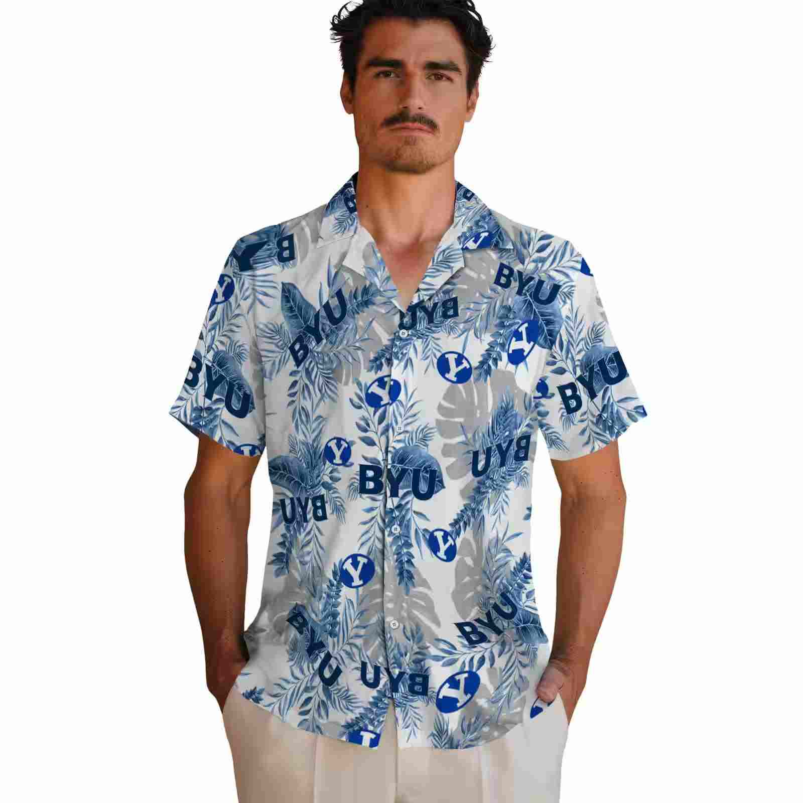 byu cougars tropical leaves blue white hawaiian shirt fashion forward