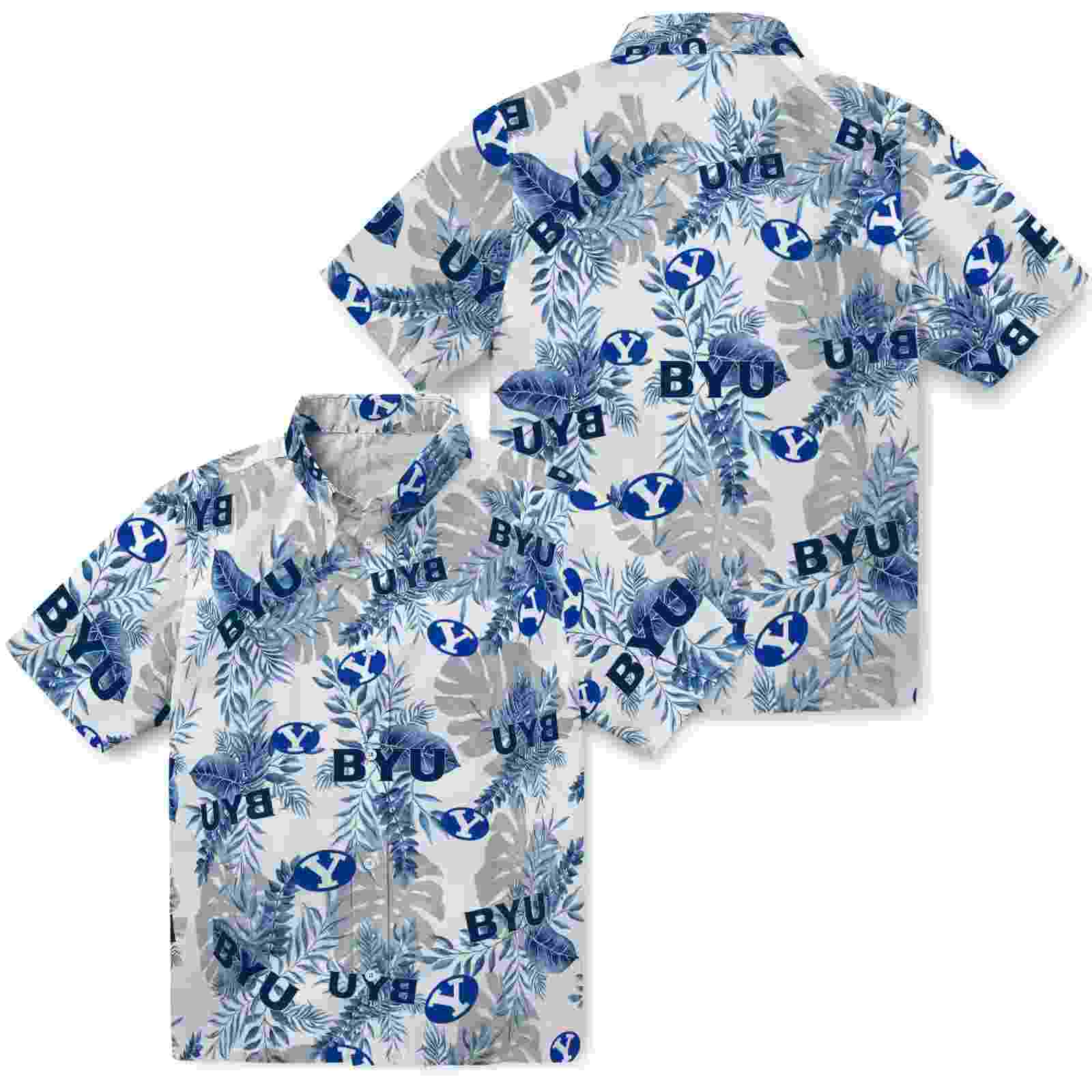 byu cougars tropical leaves blue white hawaiian shirt high quality