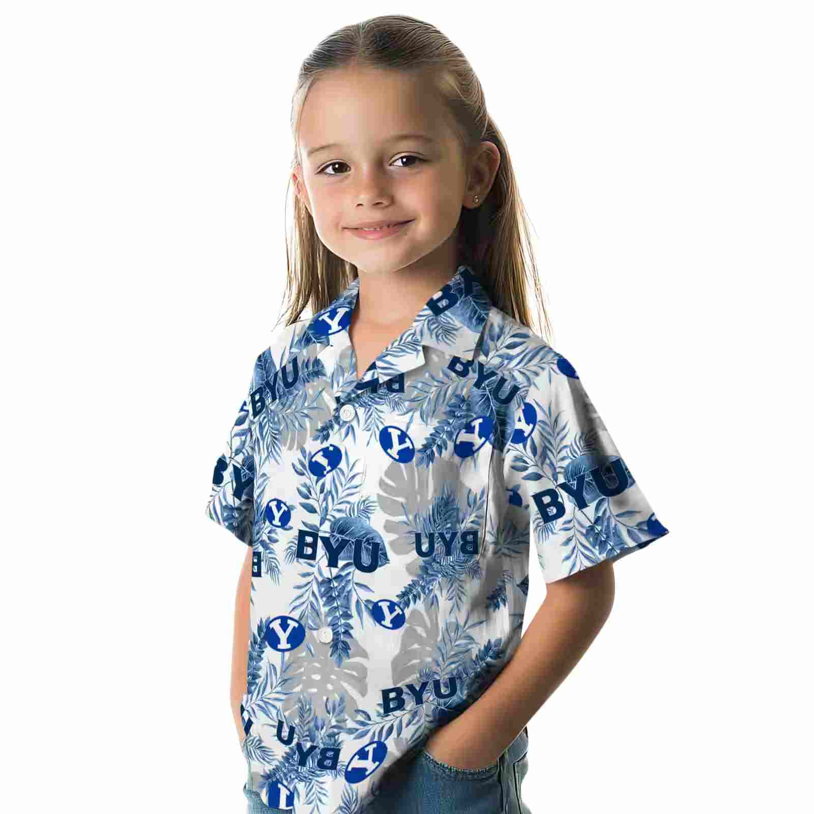 byu cougars tropical leaves blue white hawaiian shirt premium grade