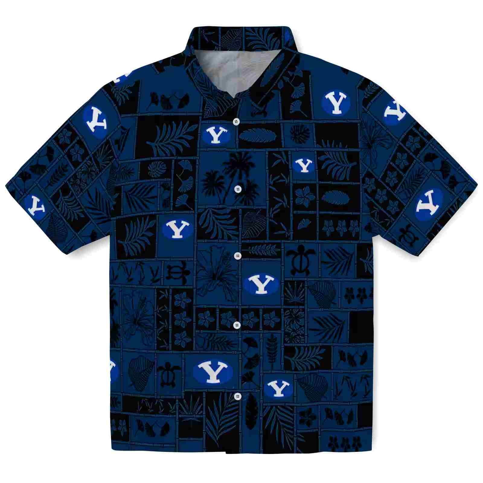 BYU Cougars Tropical Patchwork Blue Black Hawaiian Shirt