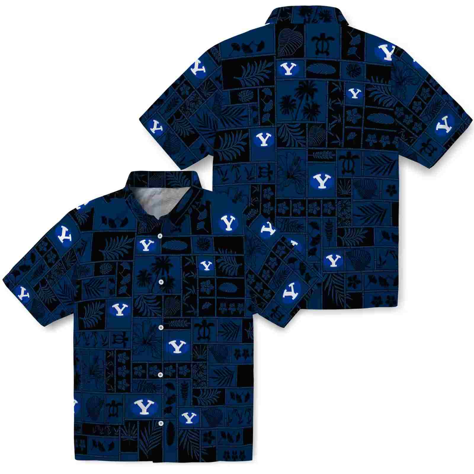 byu cougars tropical patchwork blue black hawaiian shirt high quality