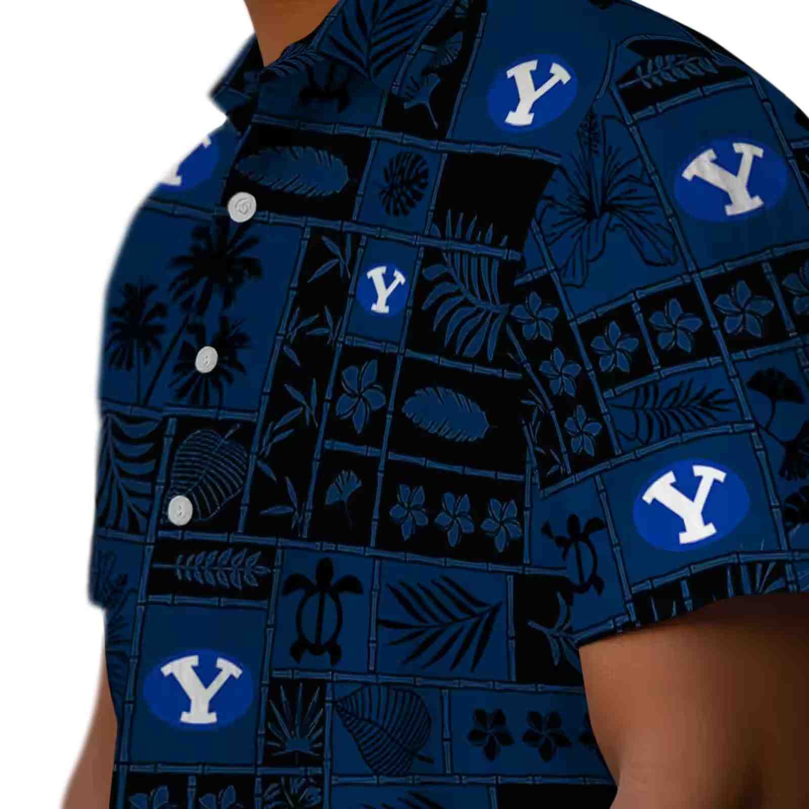 byu cougars tropical patchwork blue black hawaiian shirt trendy