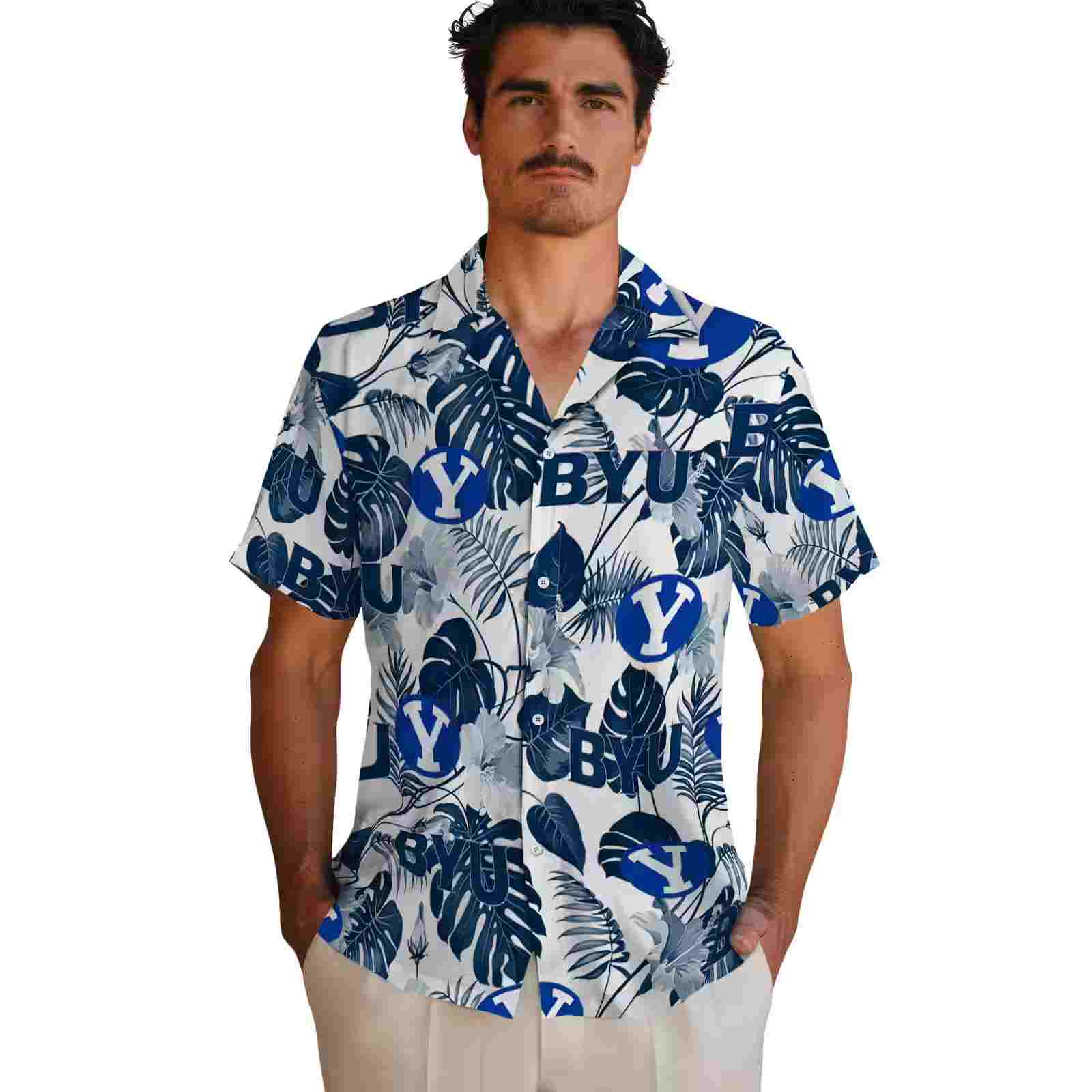 byu cougars tropical plants blue white hawaiian shirt fashion forward