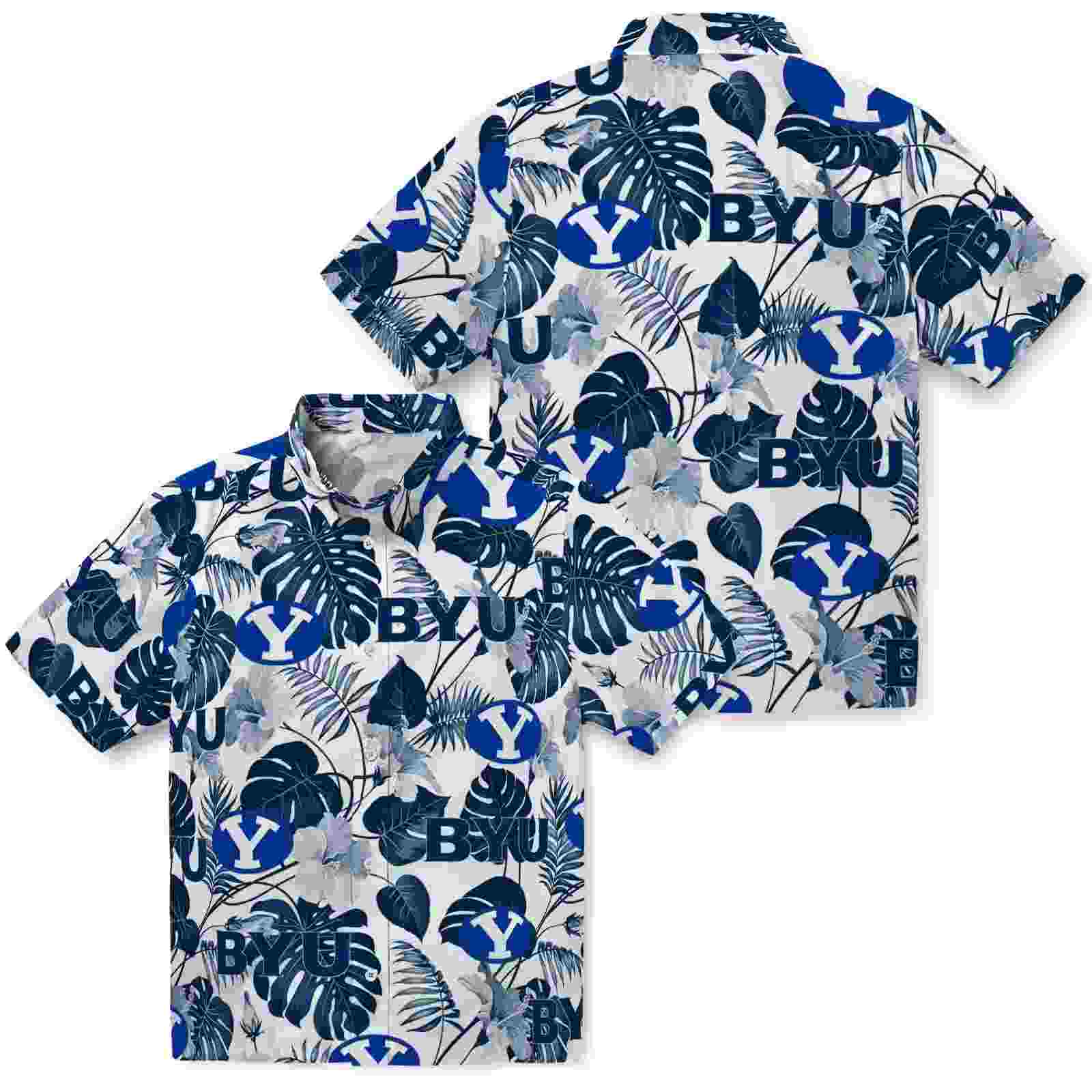 byu cougars tropical plants blue white hawaiian shirt high quality