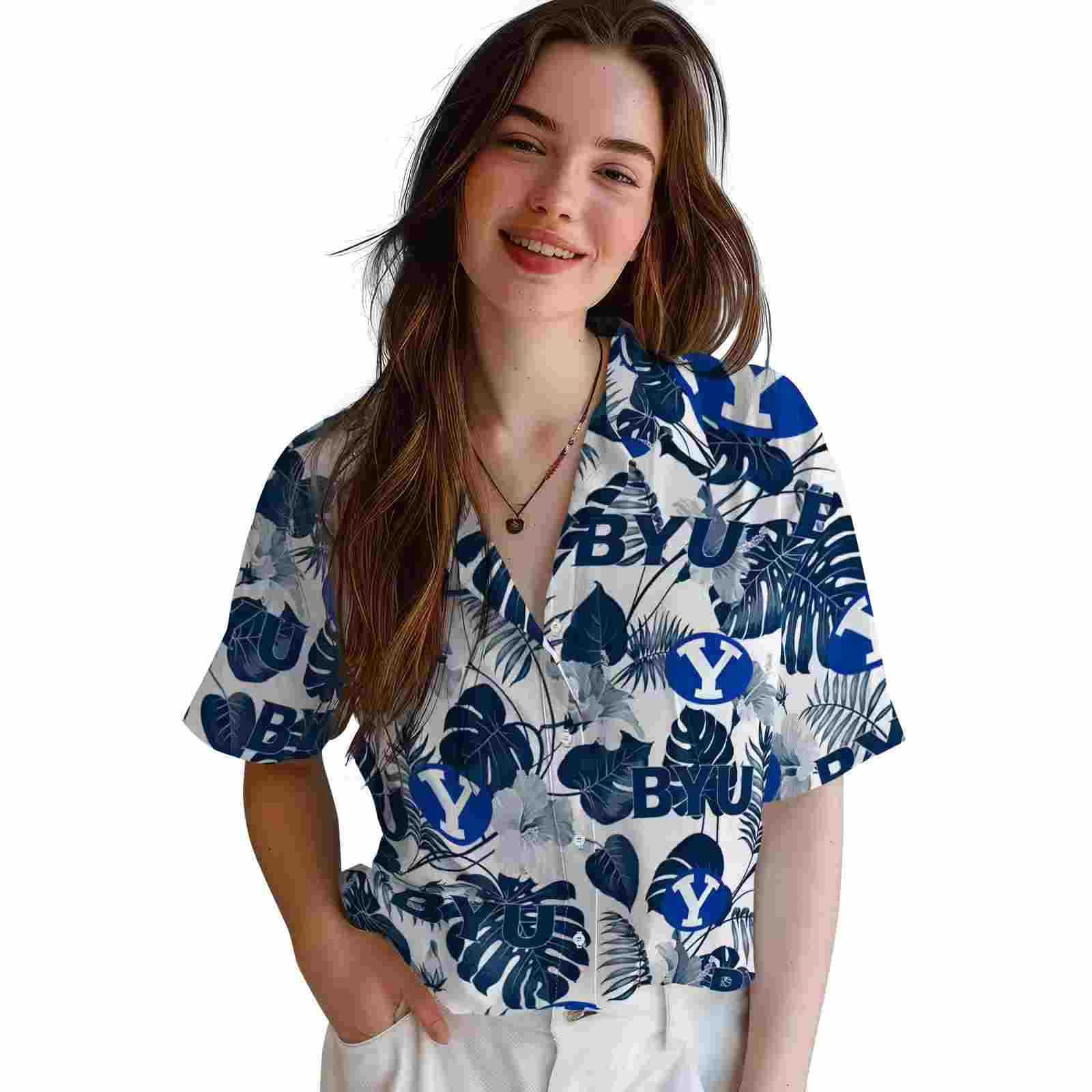 byu cougars tropical plants blue white hawaiian shirt latest model