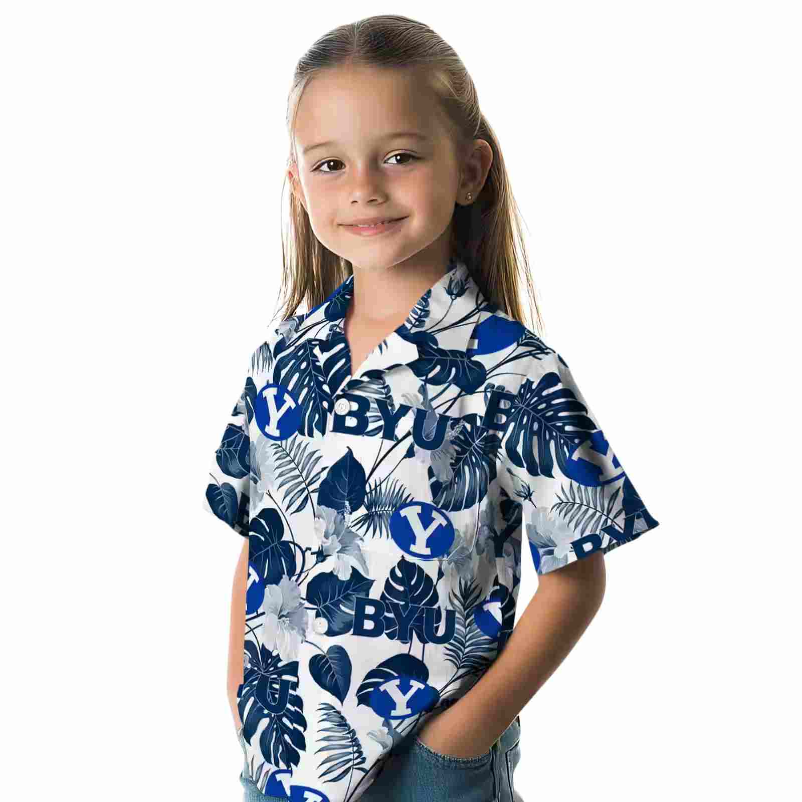 byu cougars tropical plants blue white hawaiian shirt premium grade