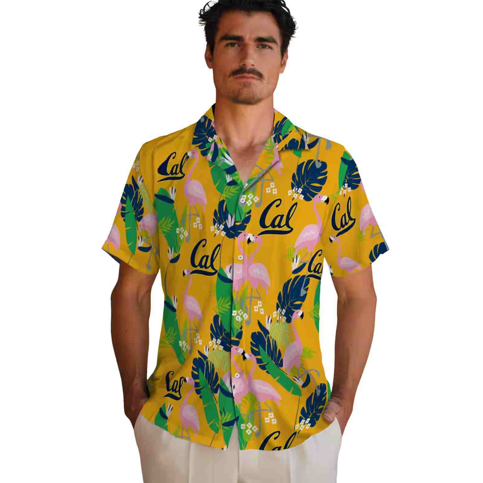 california golden bears flamingo foliage blue green hawaiian shirt fashion forward