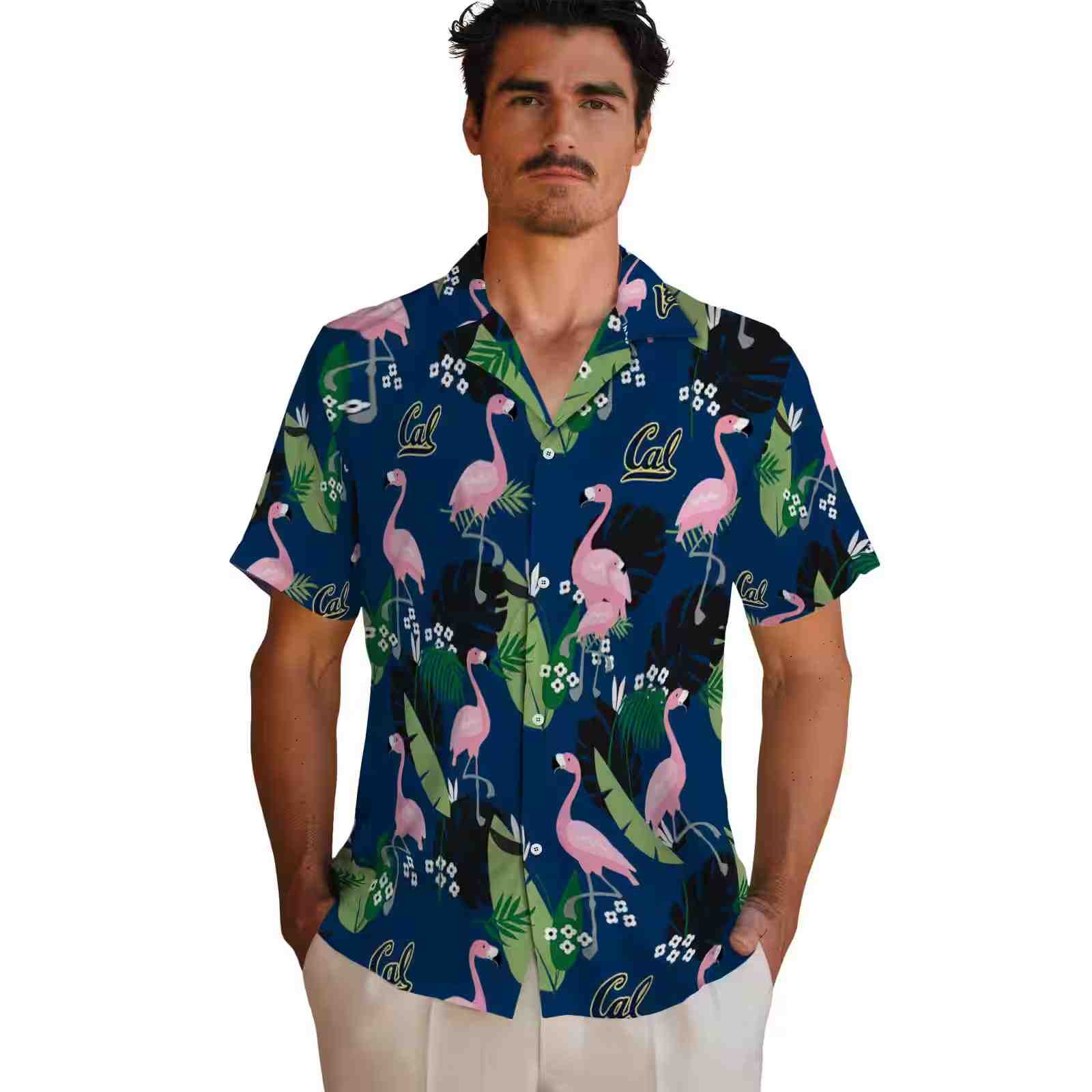 california golden bears flamingo leaf motif blue hawaiian shirt fashion forward