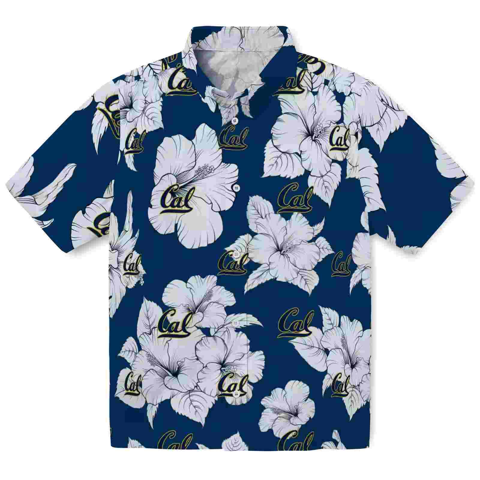 California Golden Bears Hibiscus Blooms Blue White Hawaiian Shirt