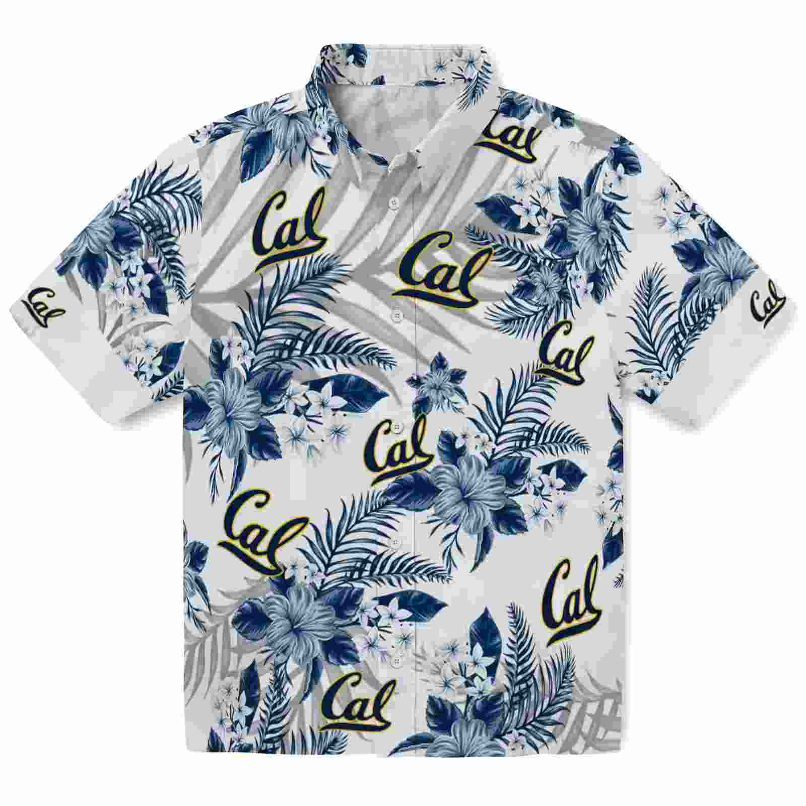 California Golden Bears Hibiscus Palm Leaves Blue White Hawaiian Shirt