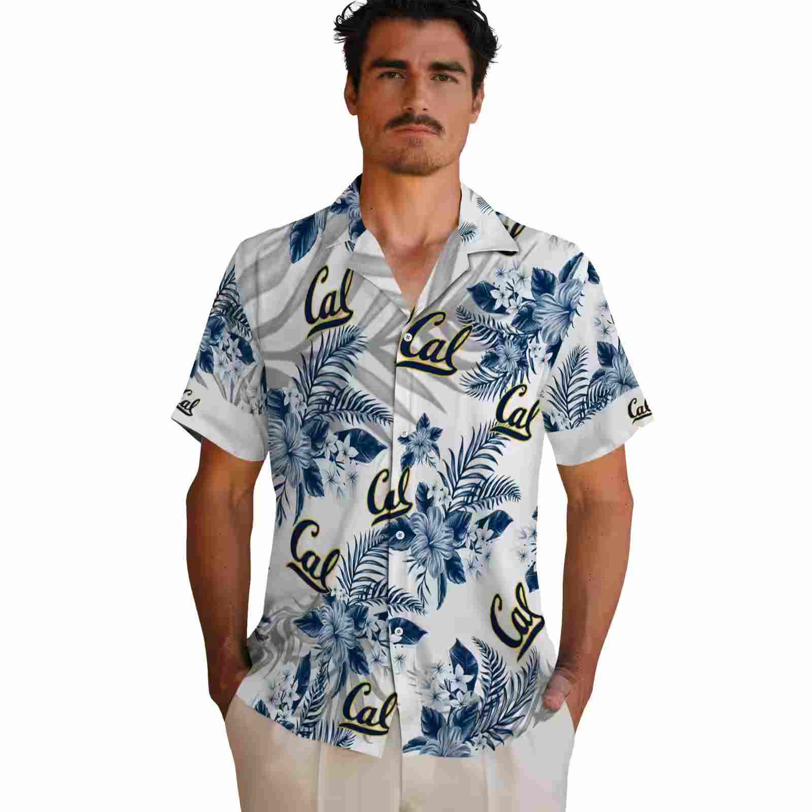 california golden bears hibiscus palm leaves blue white hawaiian shirt fashion forward