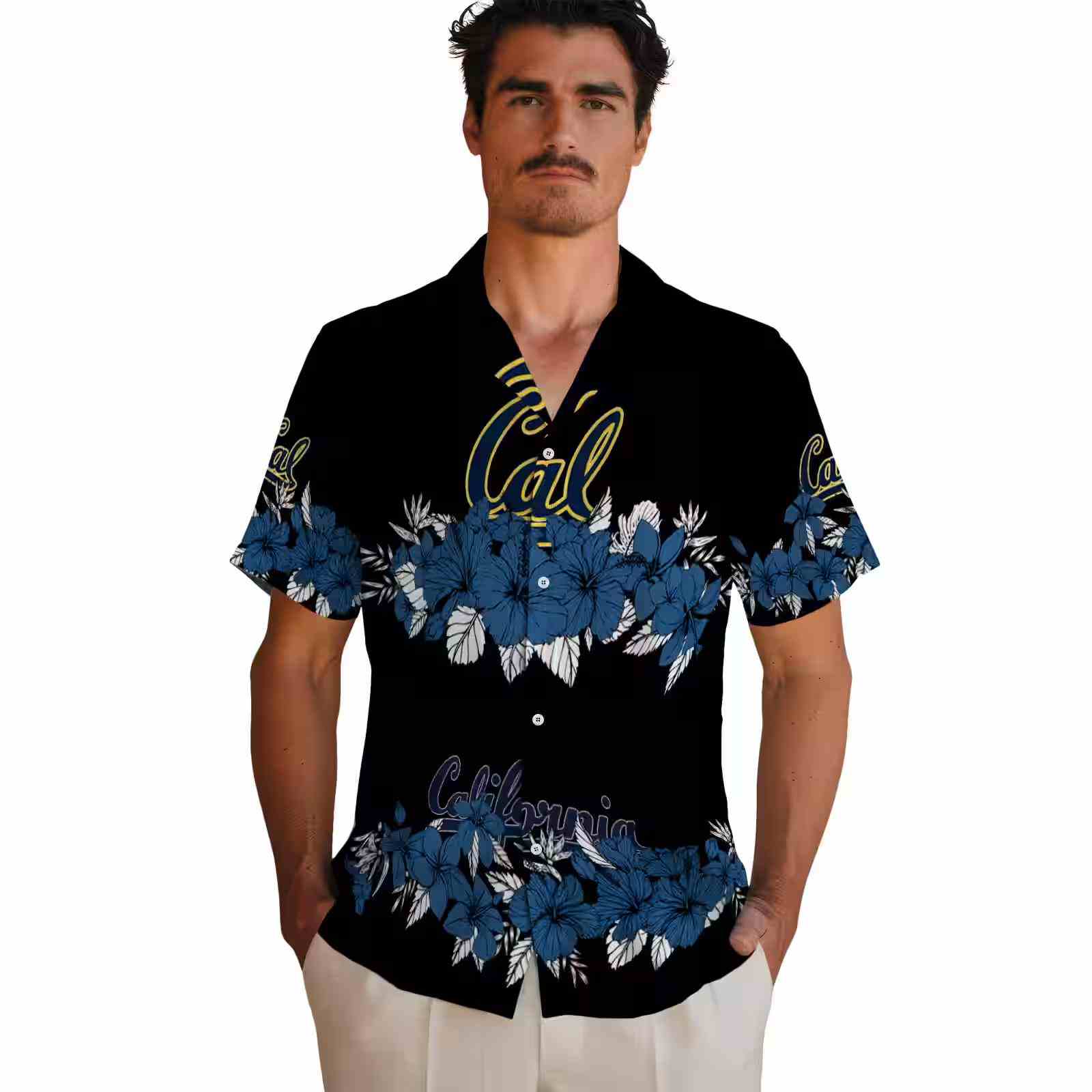 california golden bears hibiscus stripe blue black hawaiian shirt fashion forward