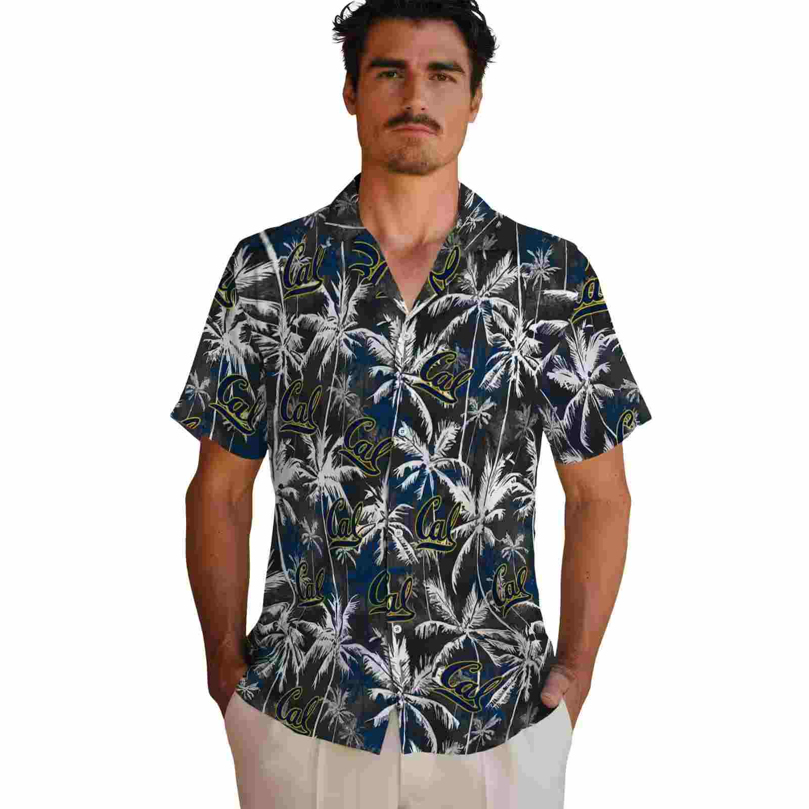 california golden bears palm pattern blue black hawaiian shirt fashion forward